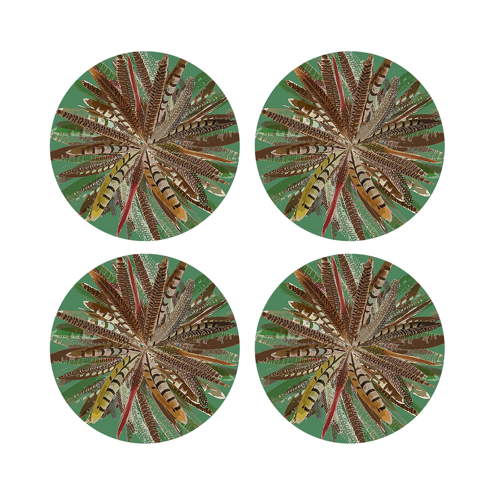 Pheasant Feathers Green Vegan Leather Round Pebble Placemat - nicolettemayer.com