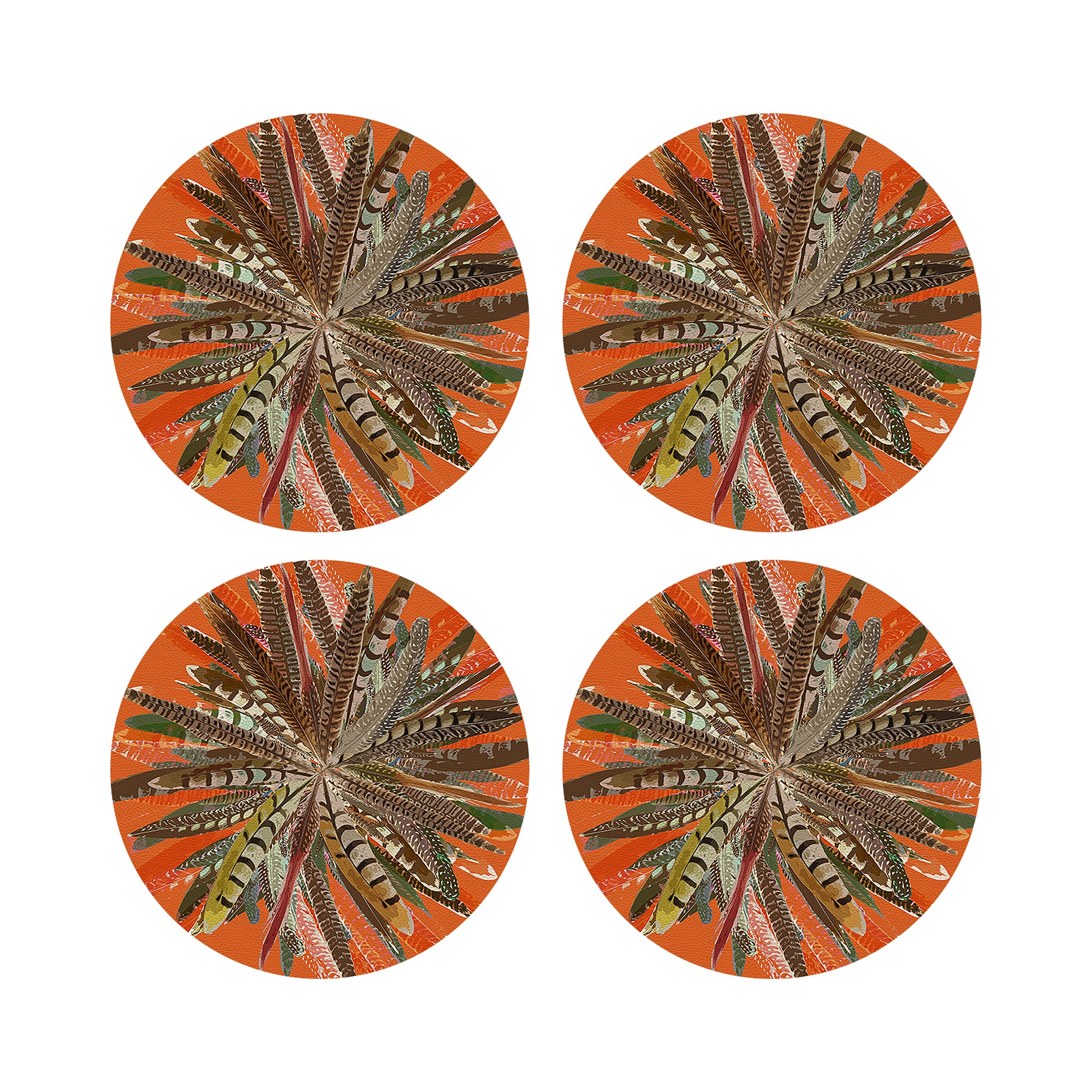 Pheasant Feathers Orange Vegan Leather Round Pebble Placemat
