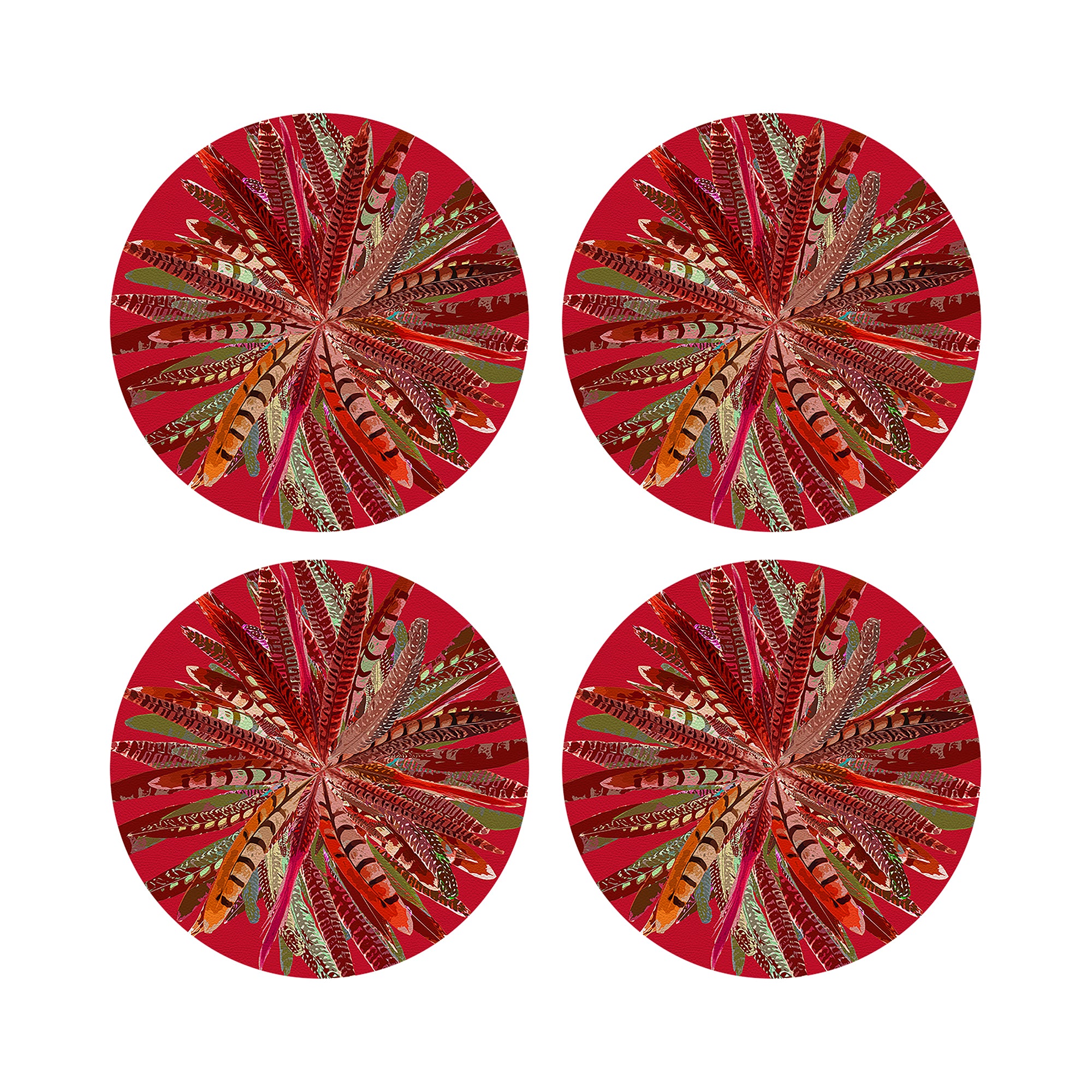 Pheasant Feathers Red 16" Round Pebble Placemats, Set of 4 - nicolettemayer.com