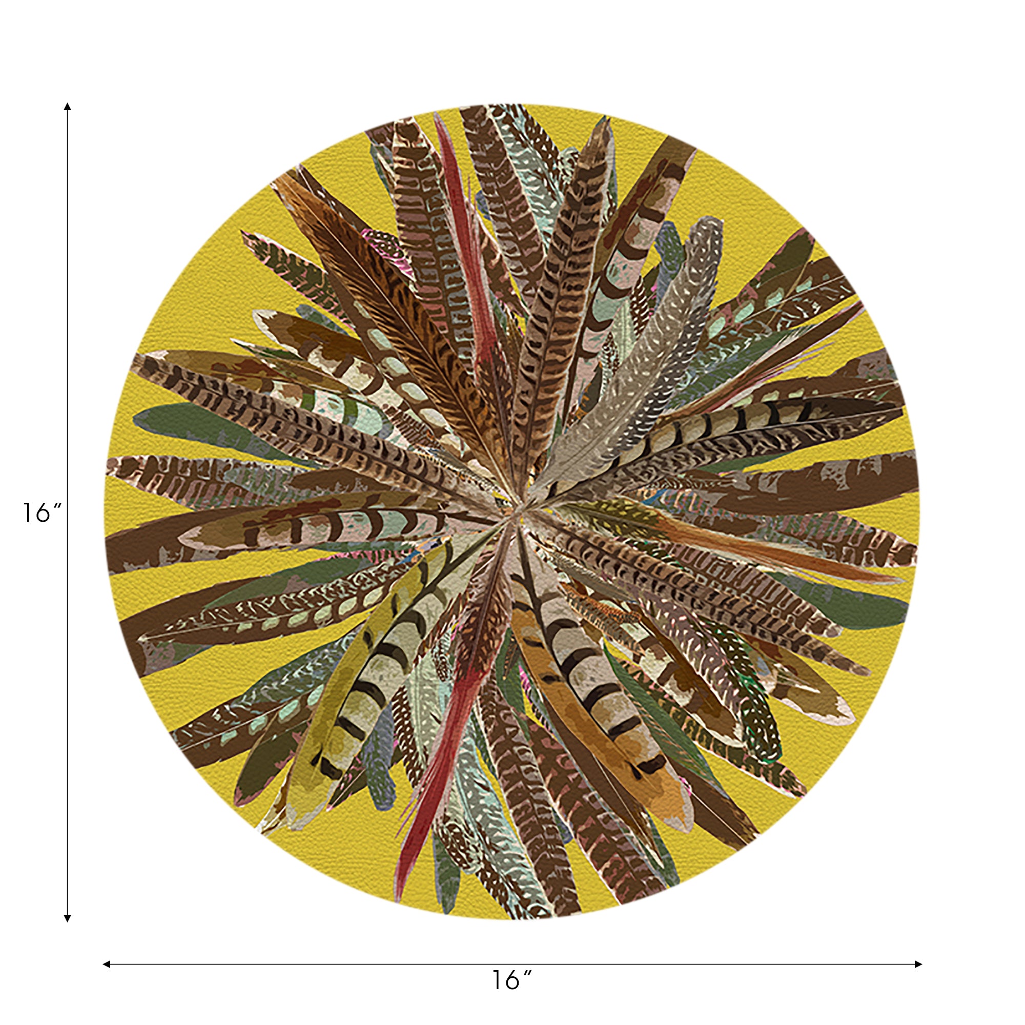 Pheasant Feathers Yellow Vegan Leather Round Pebble Placemat - nicolettemayer.com