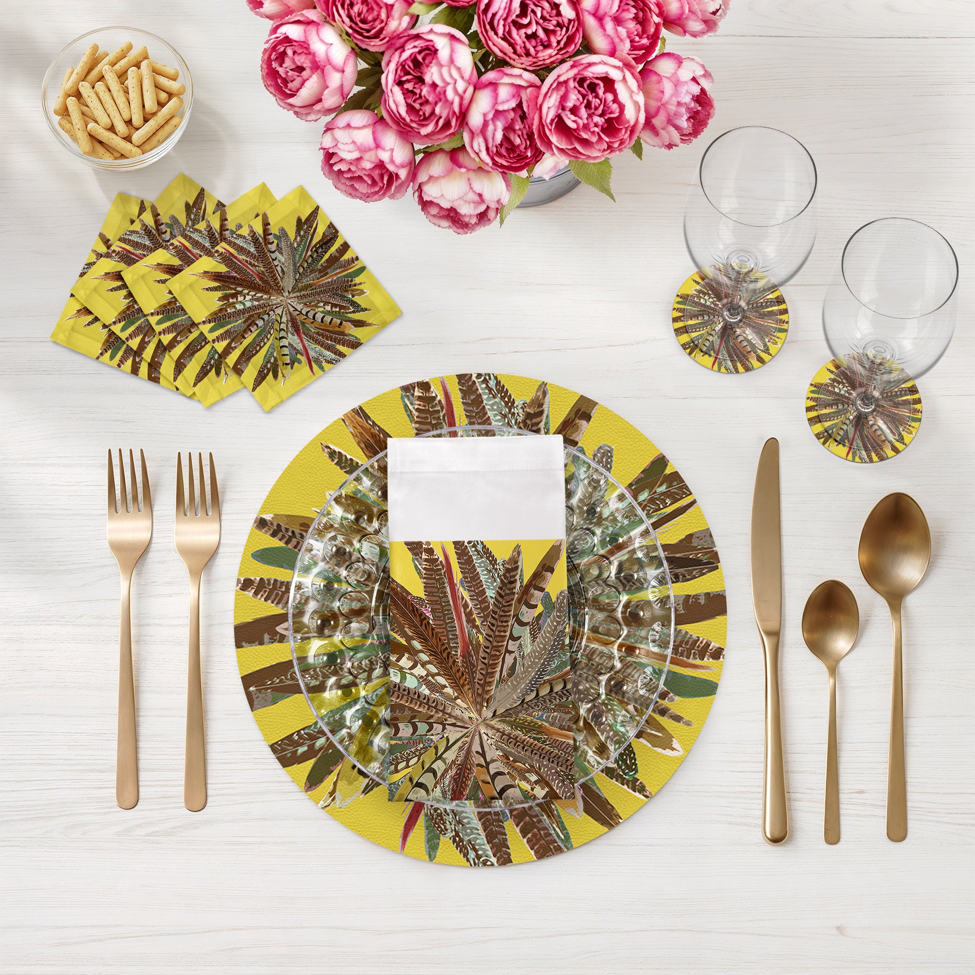 Pheasant Feathers Yellow 16" Round Pebble Placemats, Set of 4 - nicolettemayer.com