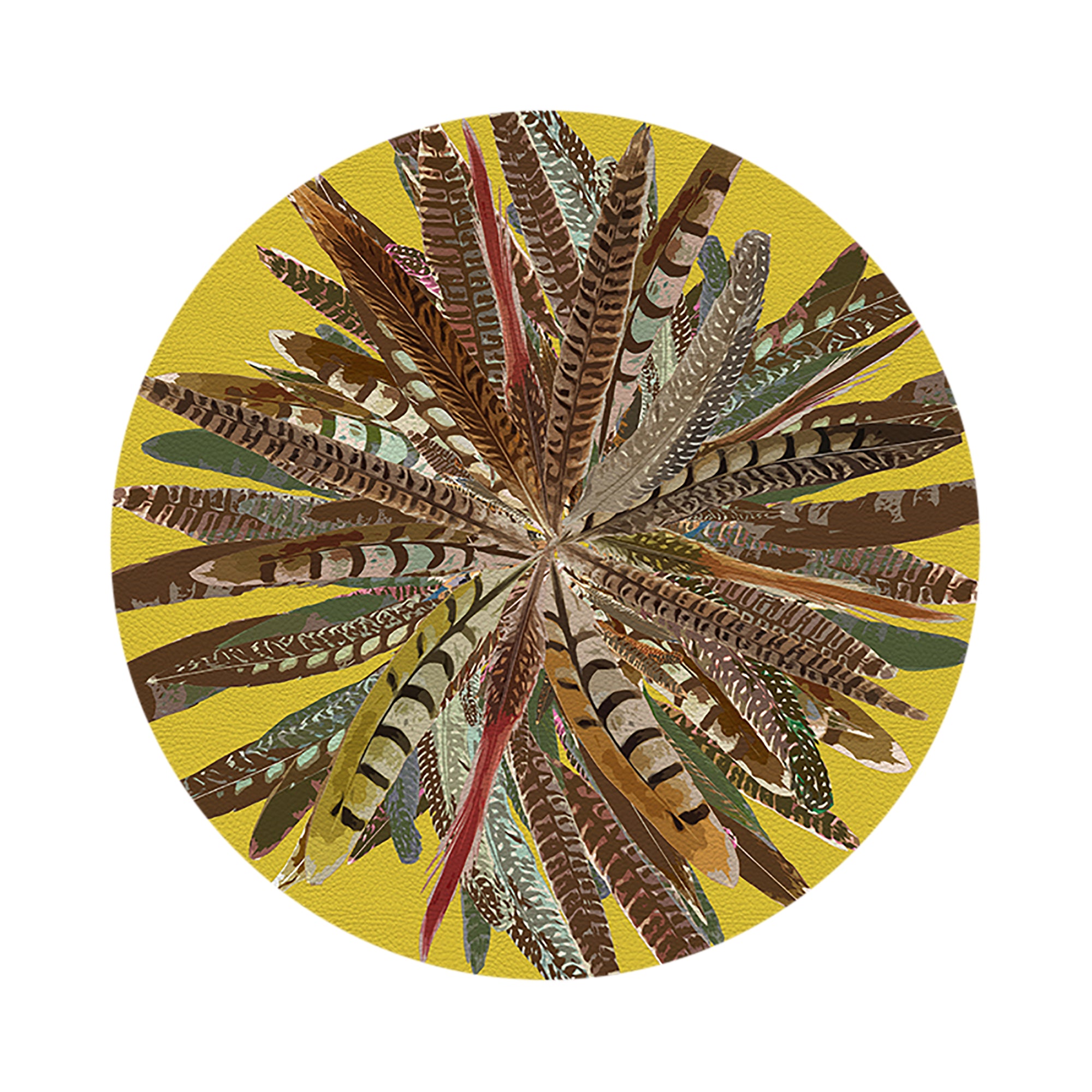 Pheasant Feathers Yellow Vegan Leather Round Pebble Placemat - nicolettemayer.com