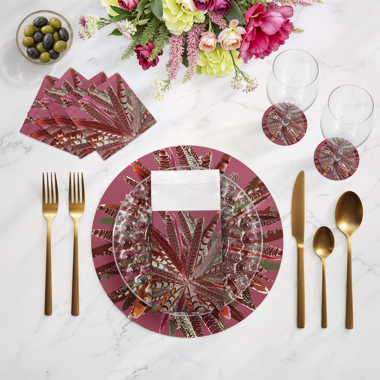 Pheasant Feathers Vegan Leather Round Pebble Placemat, Set of 6