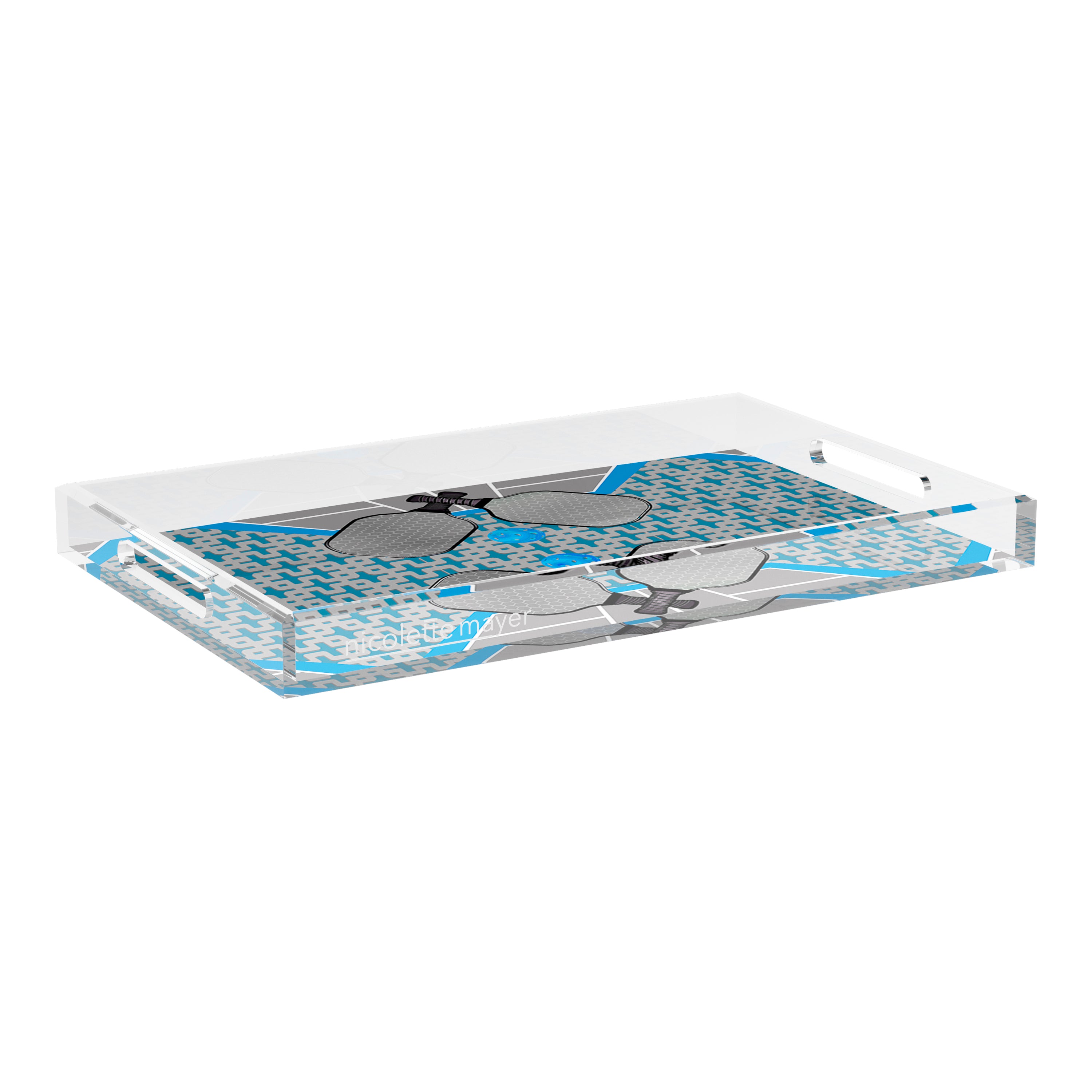 Pickelball Anyone Silver Blue 22.5x14.5 Acrylic Tray - nicolettemayer.com