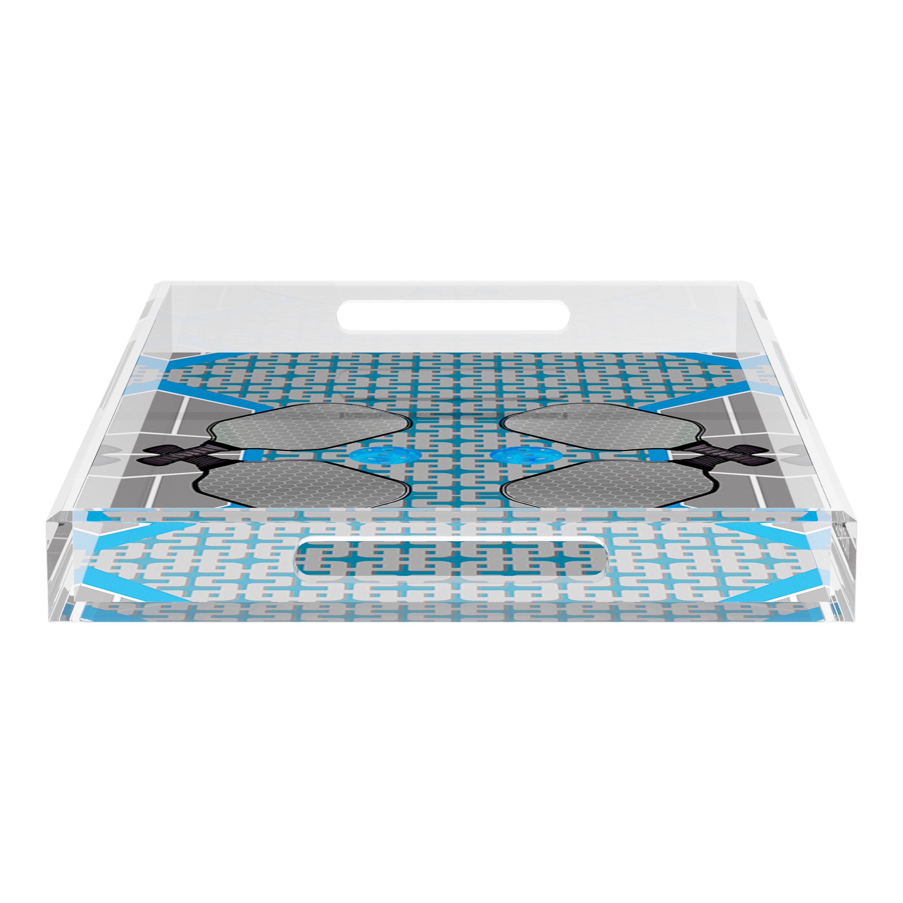 Pickelball Anyone Silver Blue 22.5x14.5 Acrylic Tray - nicolettemayer.com
