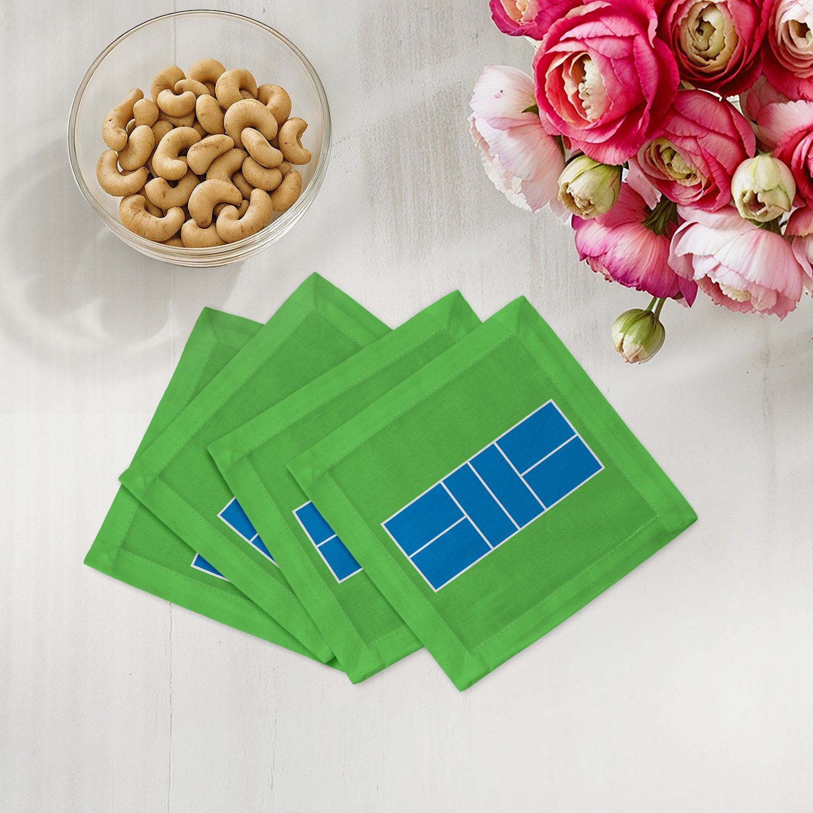 Pickleball Court Blue Green Cotton Sateen Cocktail Napkins - nicolettemayer.com