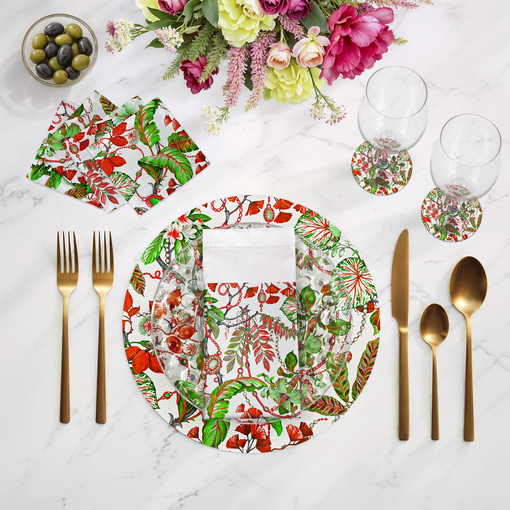 Plumeria Red Vegan Leather Round Pebble Placemat