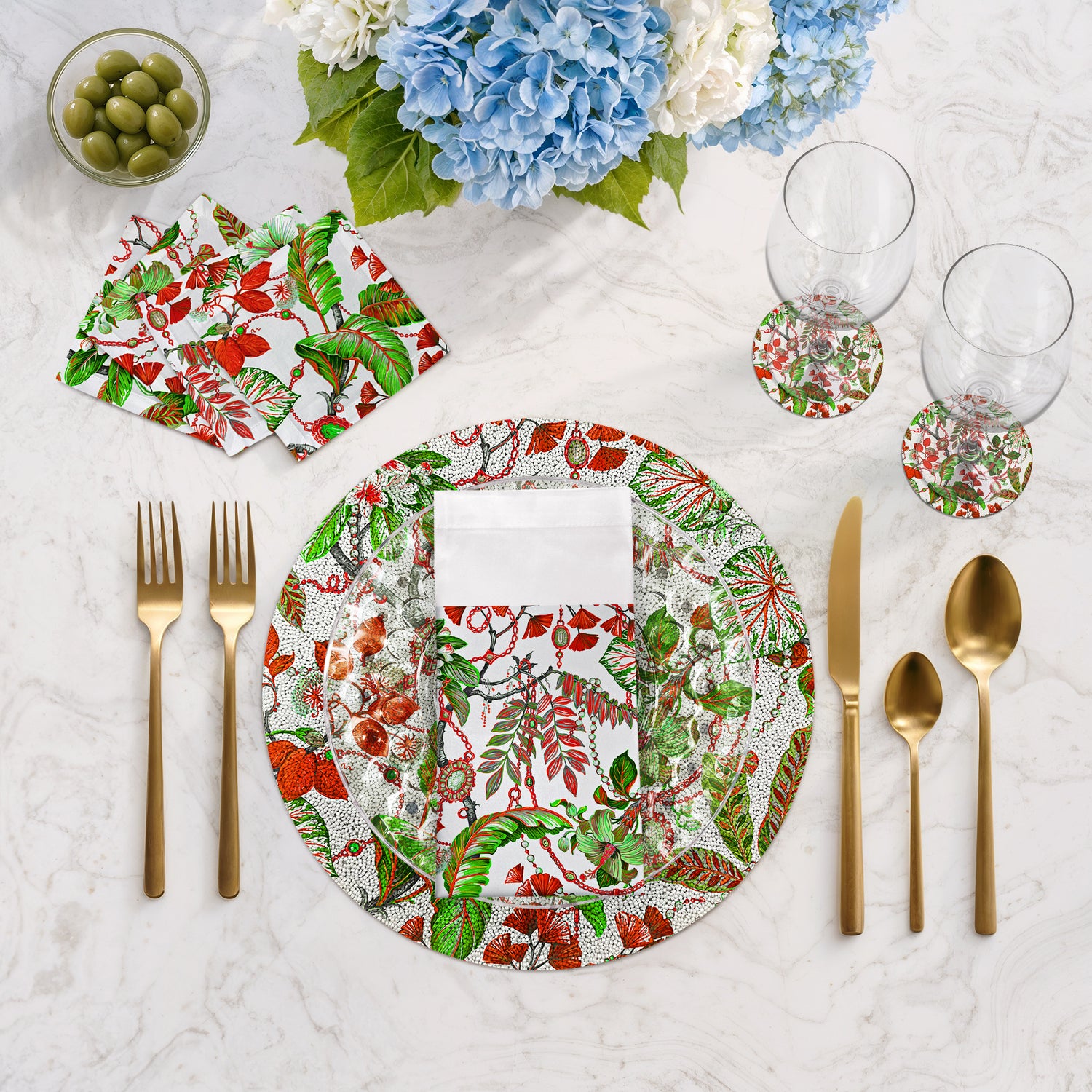 Plumeria Rot Grün 16 Rundes Tischset mit glatten Perlen - 4er Set