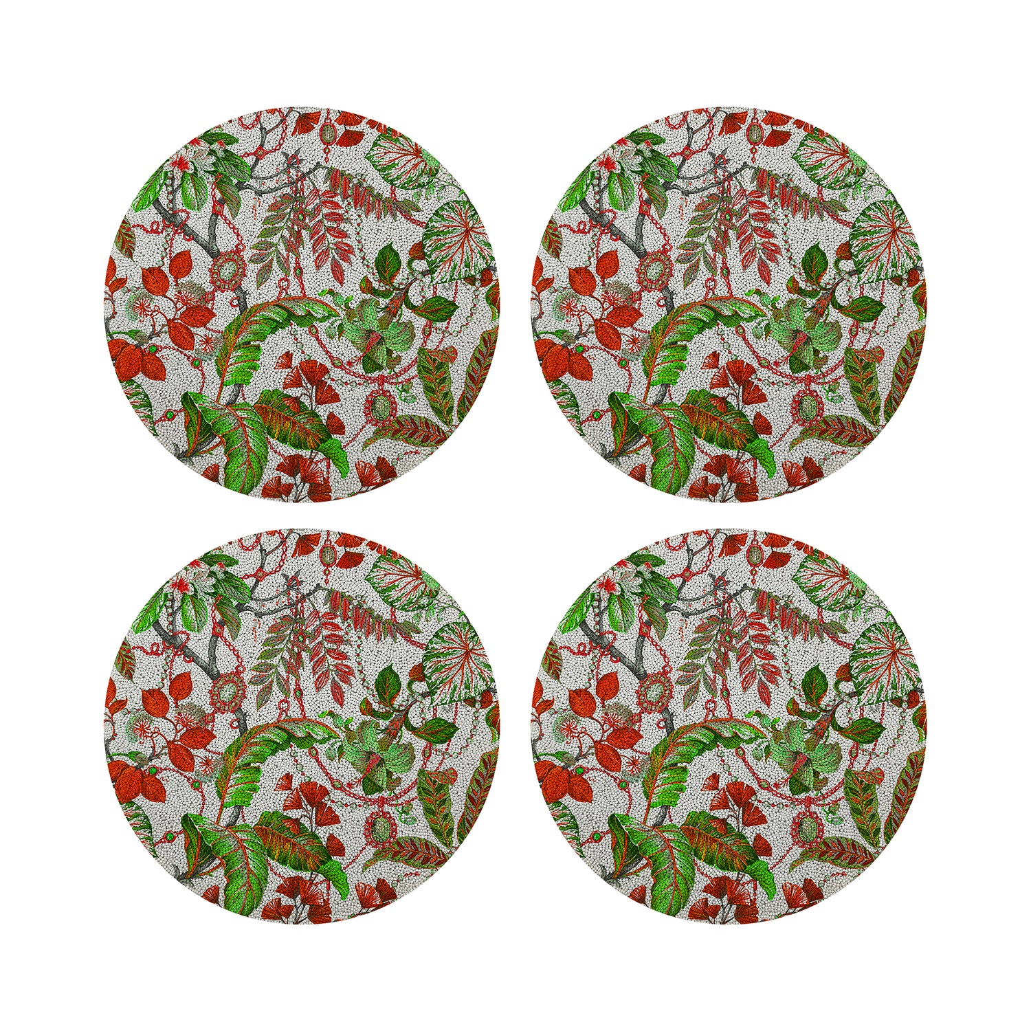 Plumeria Rot Grün 16 Rundes Tischset mit glatten Perlen - 4er Set