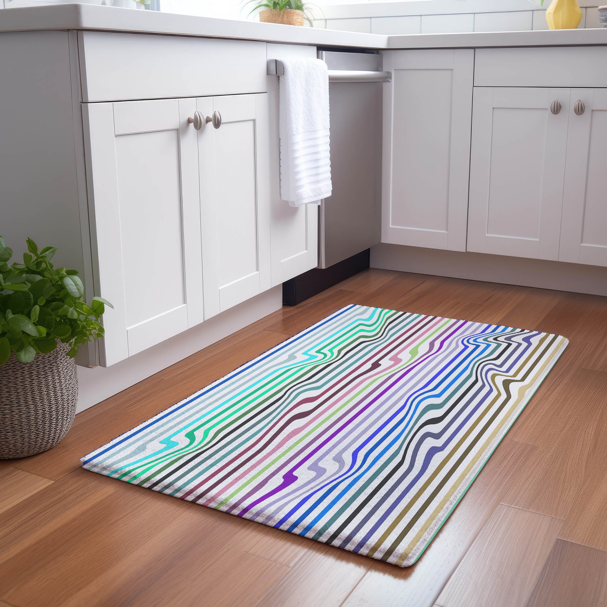 Spectrum White Warp Blue Greens Microfiber Rectangle Washable Rug