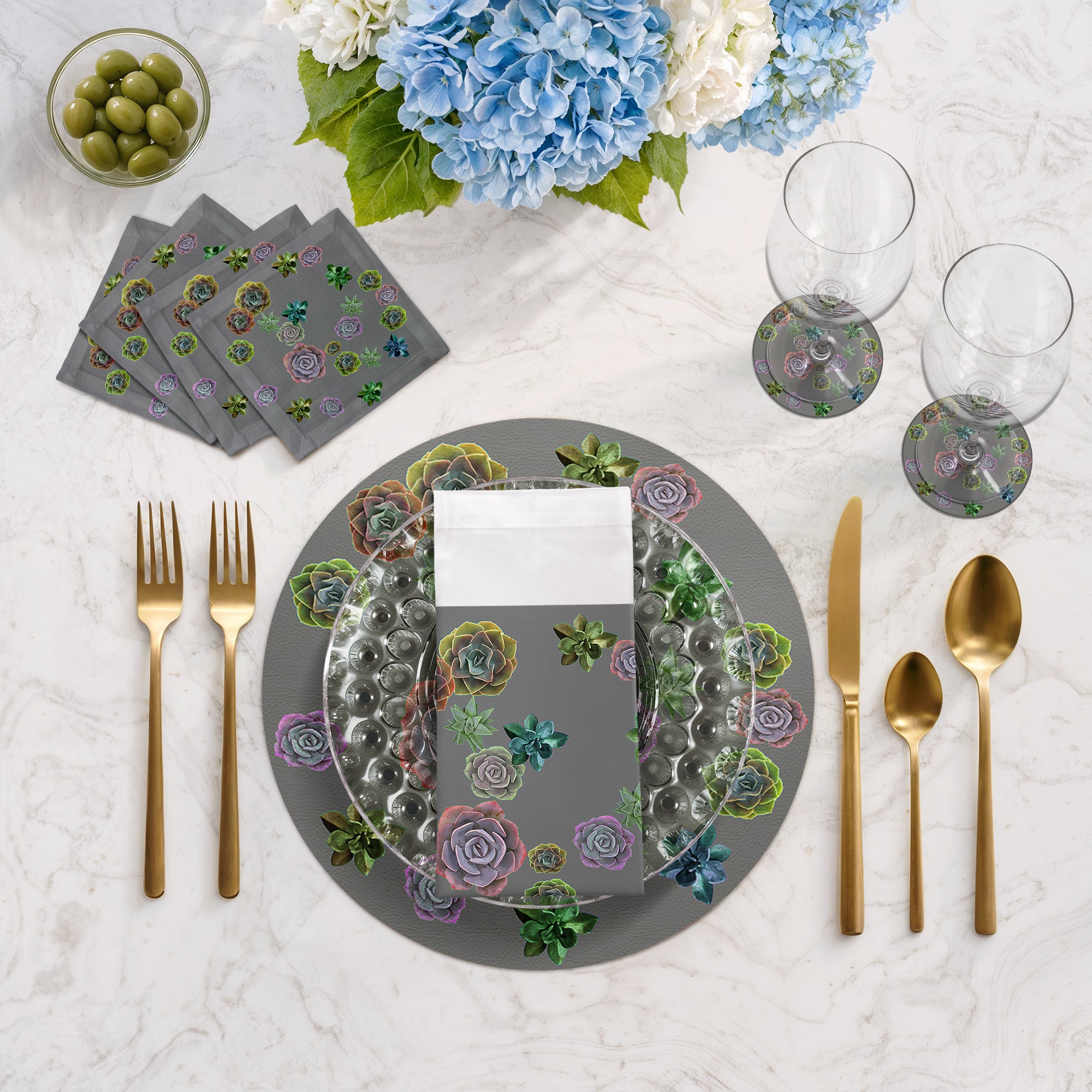 Succulents Floating Gray 16" Round Pebble Placemats, Set of 4 - nicolettemayer.com