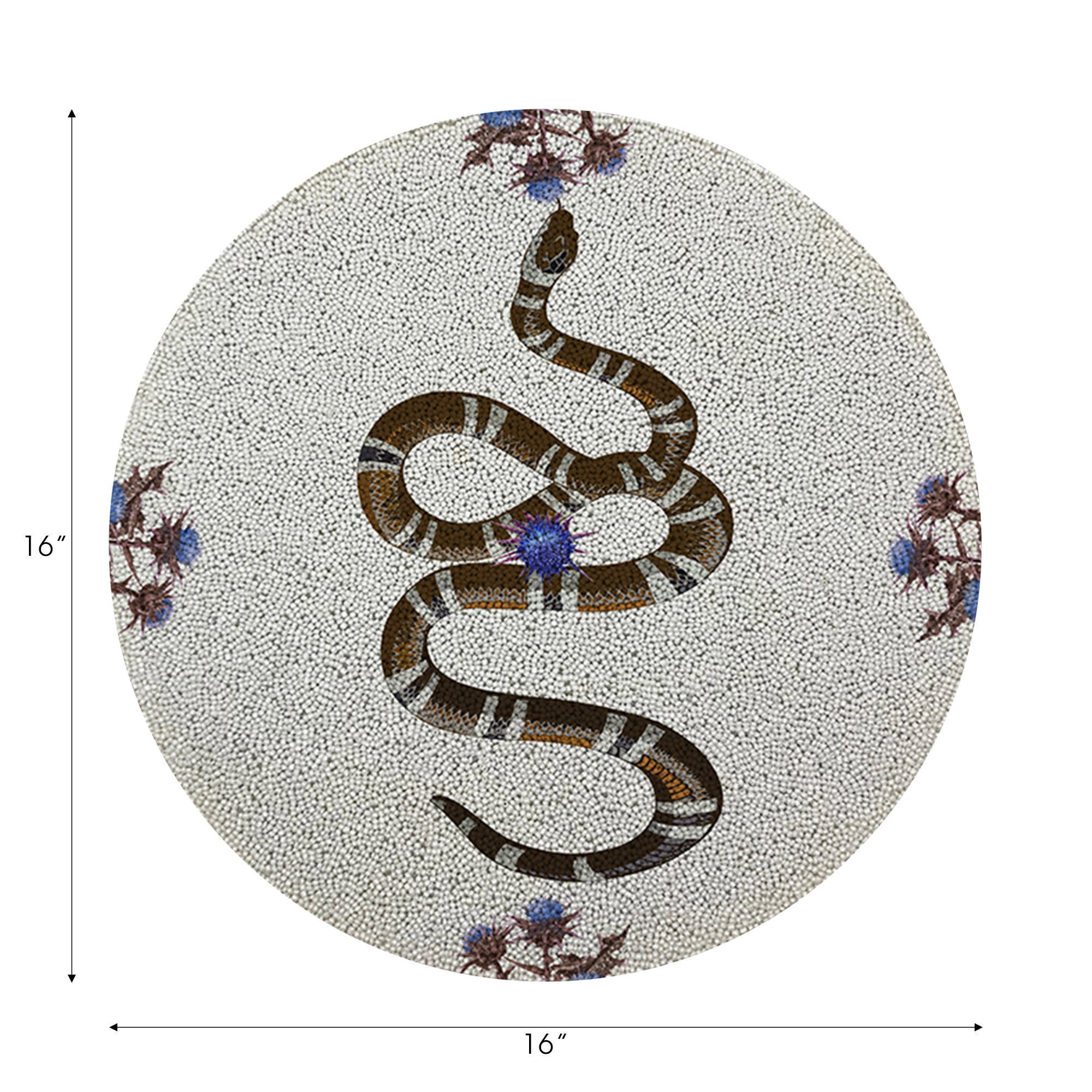 Round decorative item with a snake design on a white background