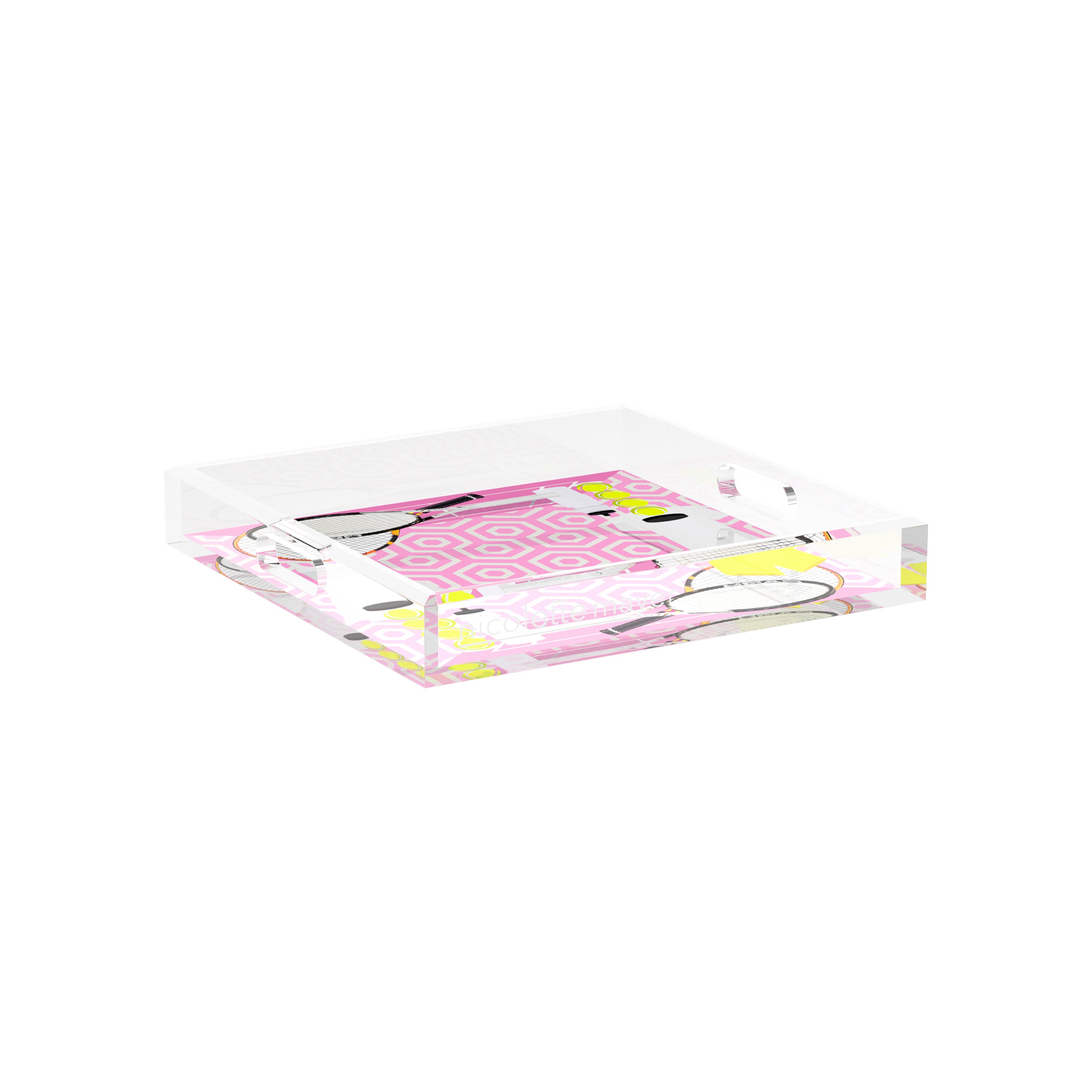 Tennis Anyone Pink White 12X12 Acrylic Tray - nicolettemayer.com