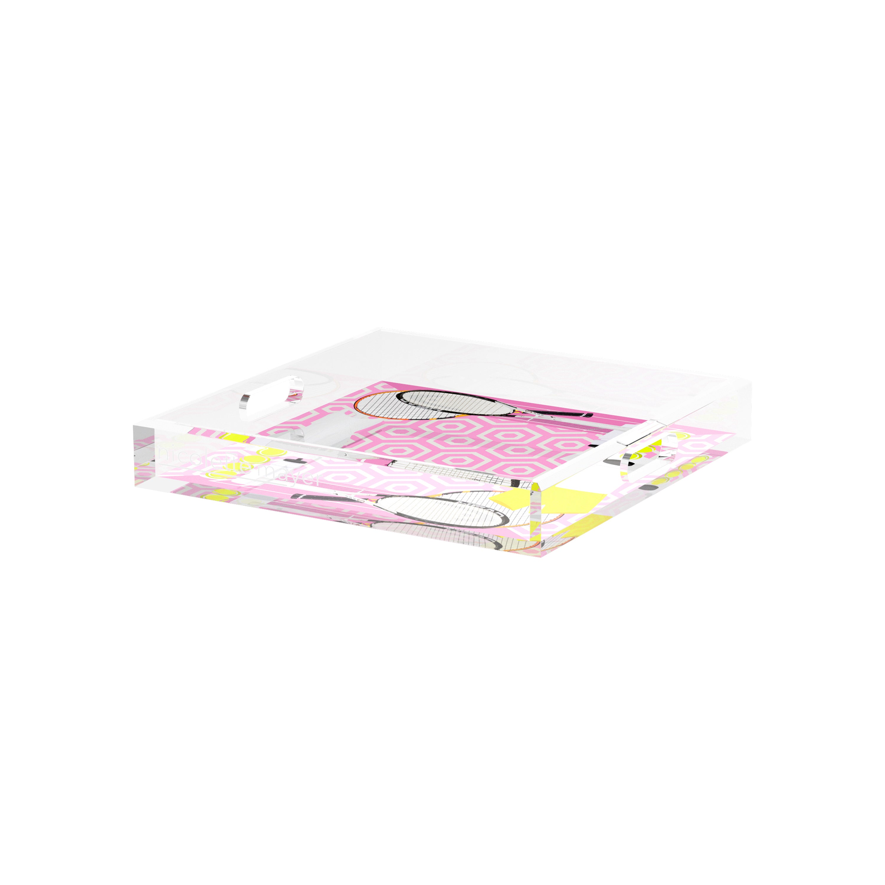 Tennis Anyone Pink White 12X12 Acrylic Tray - nicolettemayer.com