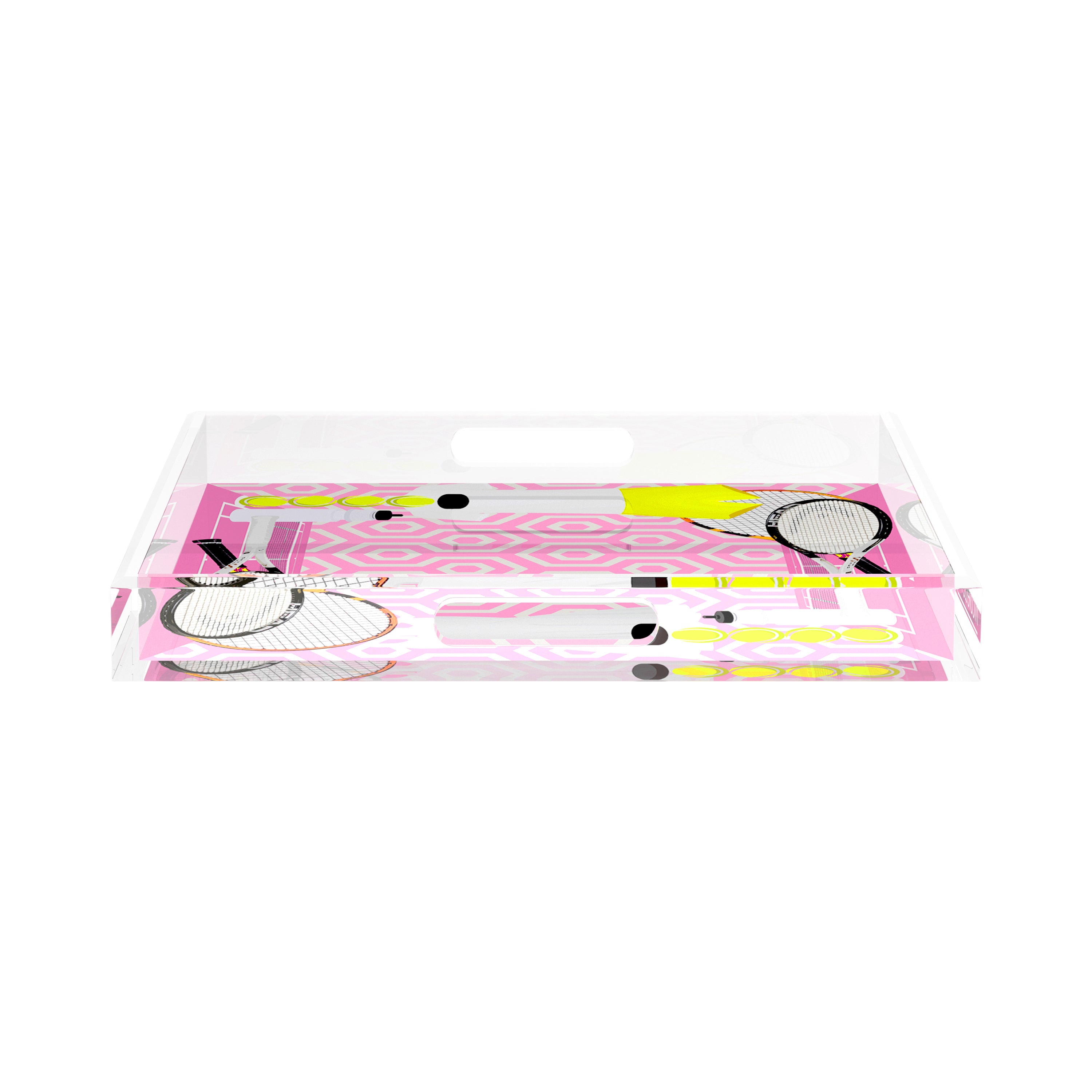 Tennis Anyone Pink White 15X15 Acrylic Tray - nicolettemayer.com
