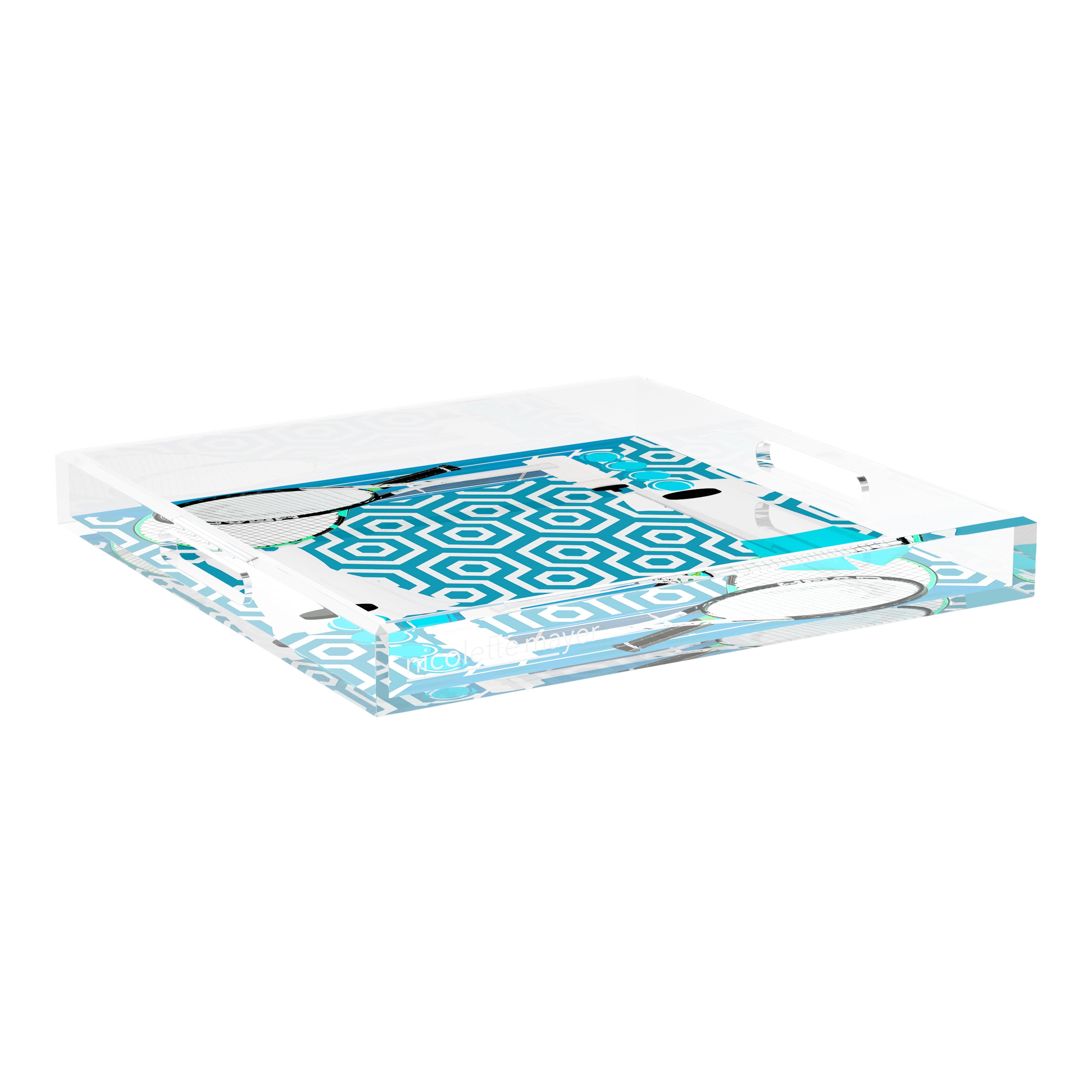 Tennis Anyone Blue White 18X18 Acrylic Tray - nicolettemayer.com