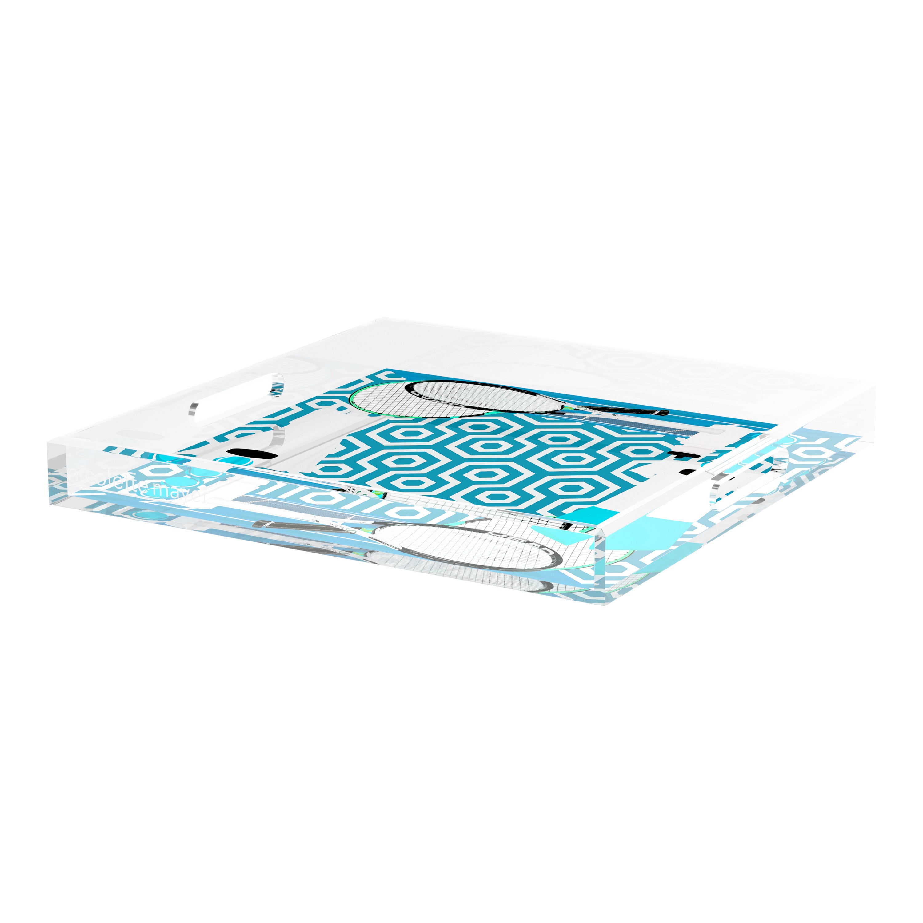 Tennis Anyone Blue White 18X18 Acrylic Tray - nicolettemayer.com