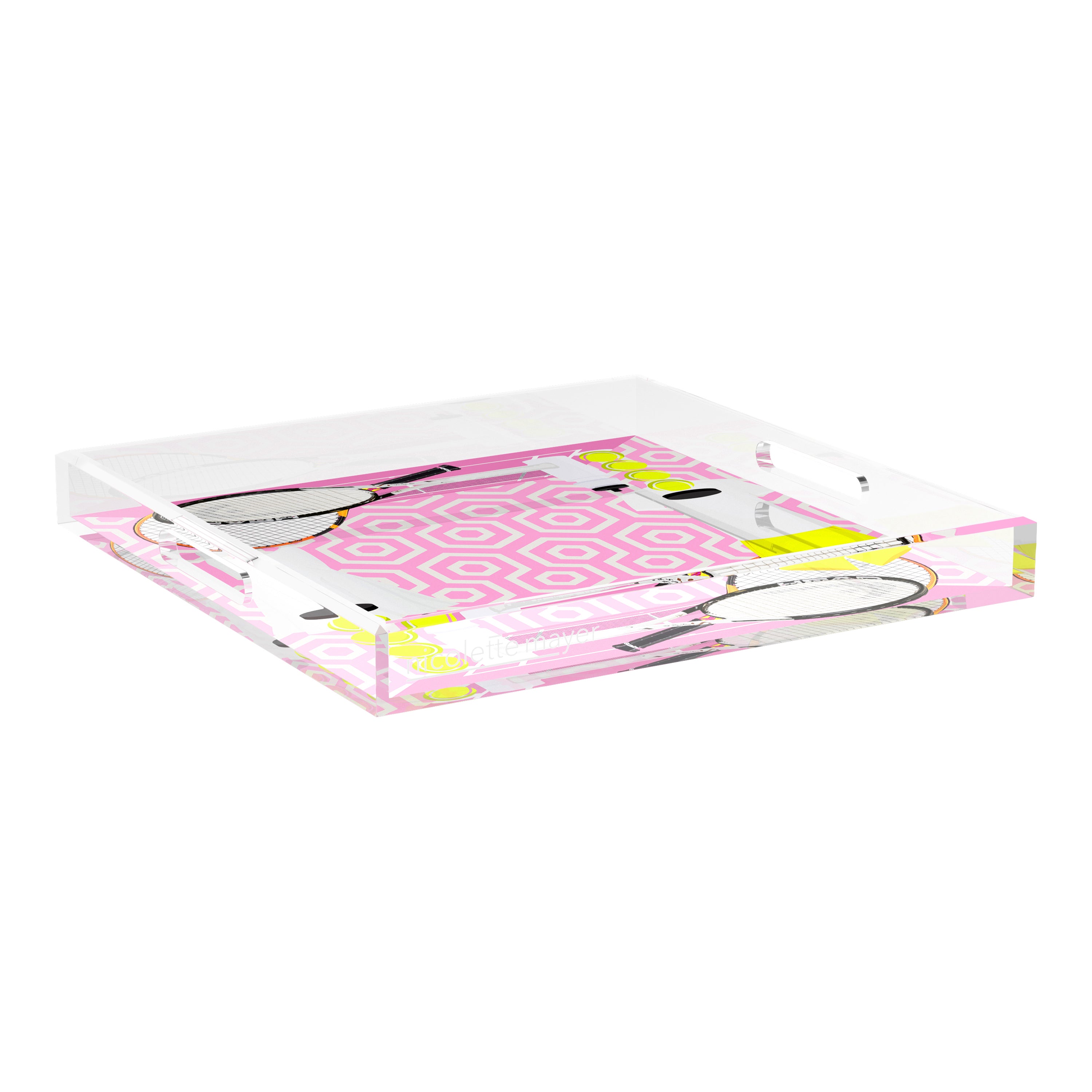 Tennis Anyone Pink White 18X18 Acrylic Tray - nicolettemayer.com