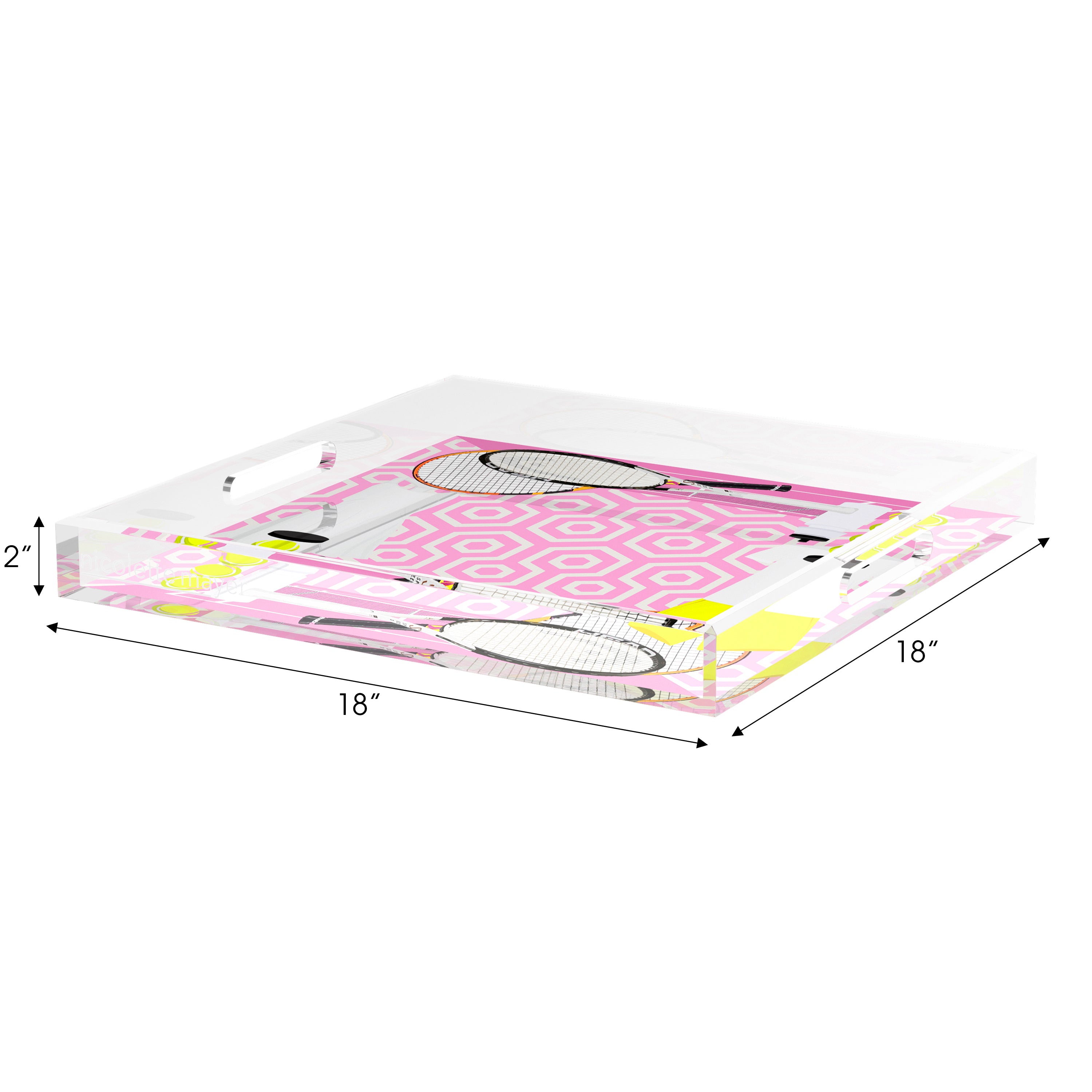 Tennis Anyone Pink White 18X18 Acrylic Tray - nicolettemayer.com