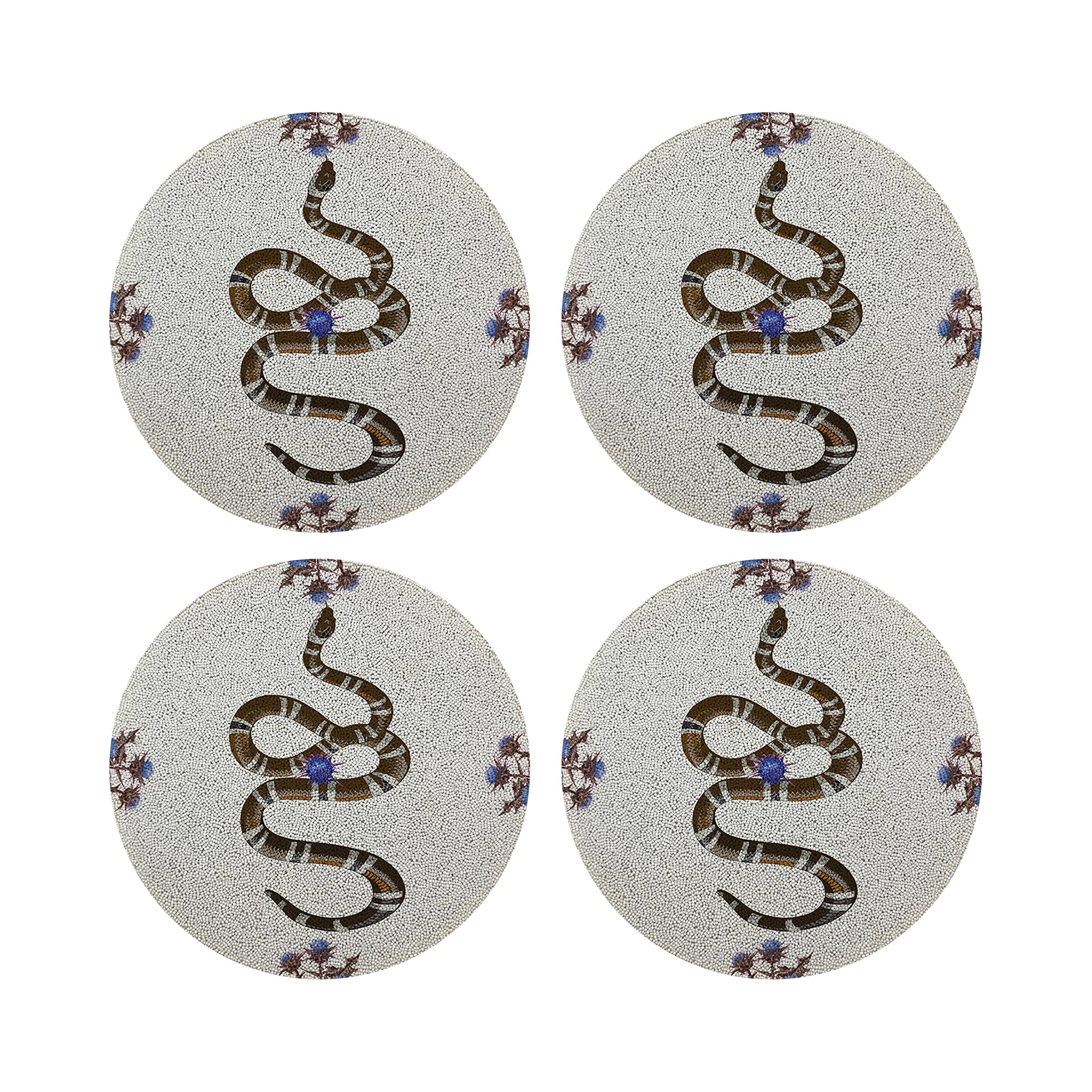 Thistle And Snake Blue White Round Beaded Placemat Smooth