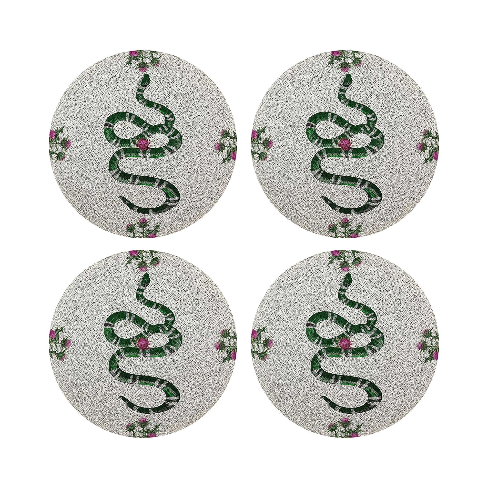 Thistle And Snake Pink White Round Beaded Placemat Smooth