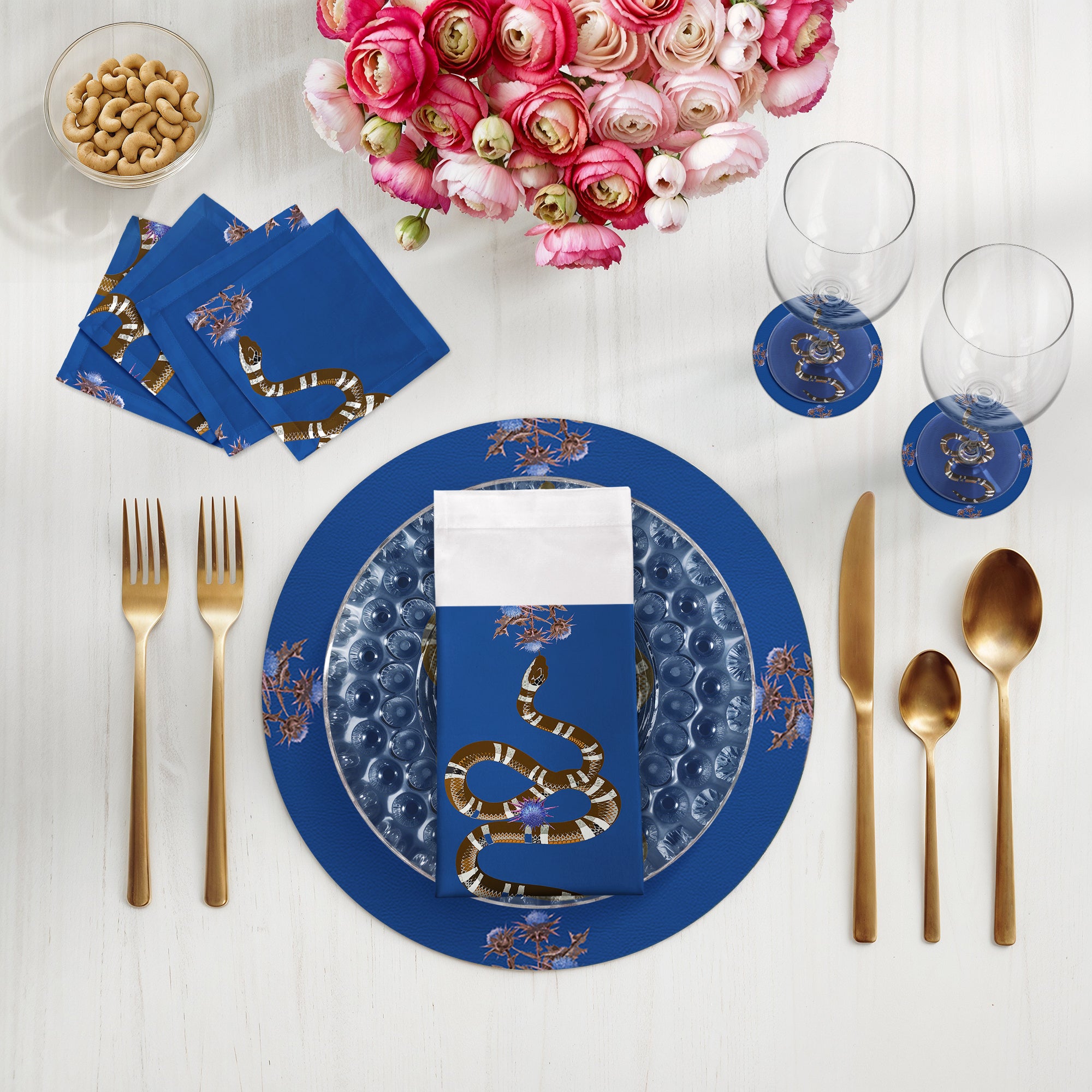 Distel-und-Schlange-Blau-16"-Runde-Kieselstein-Tischsets-Set-von-4