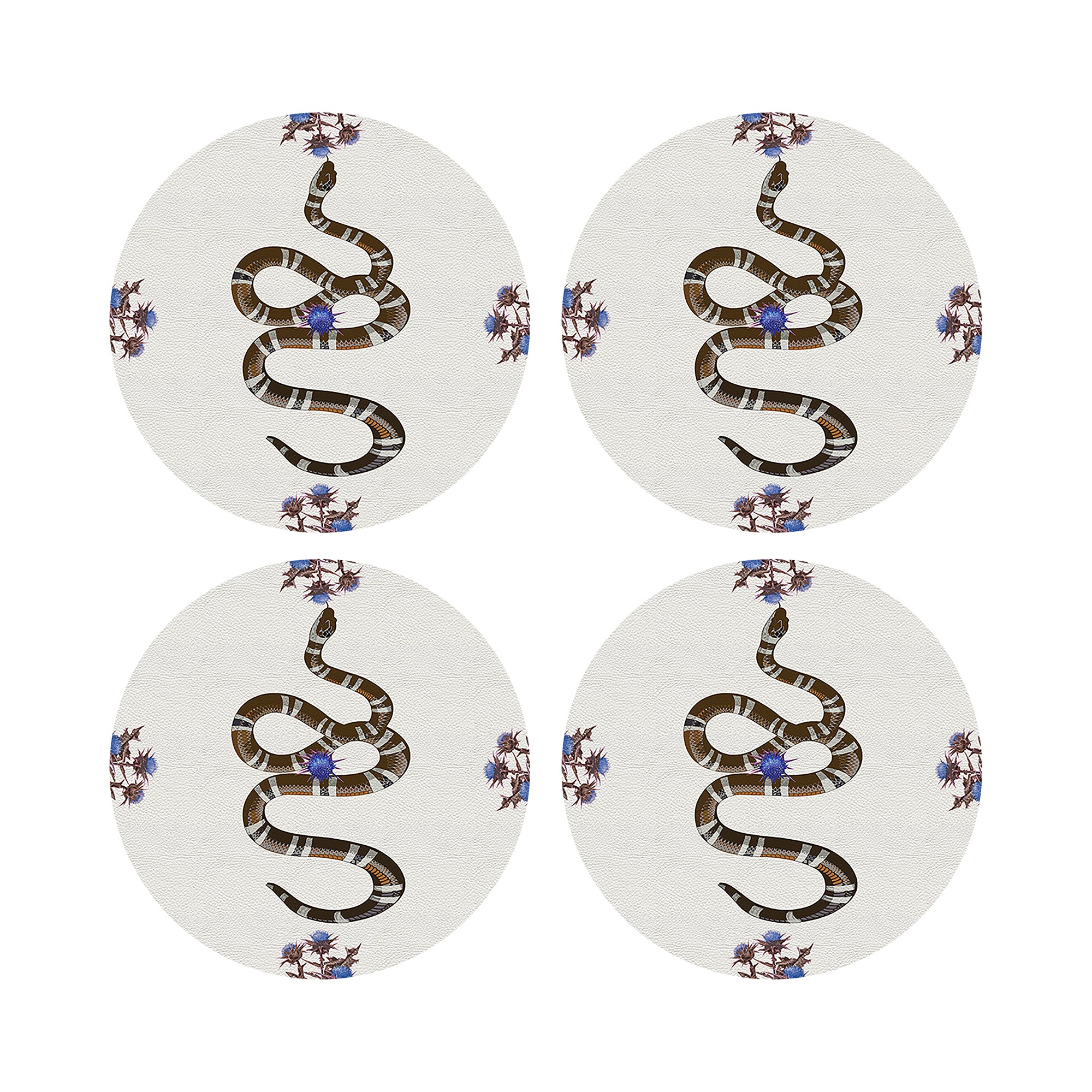 Thistle And Snake Blue White Vegan Leather Round Pebble Placemat - nicolettemayer.com
