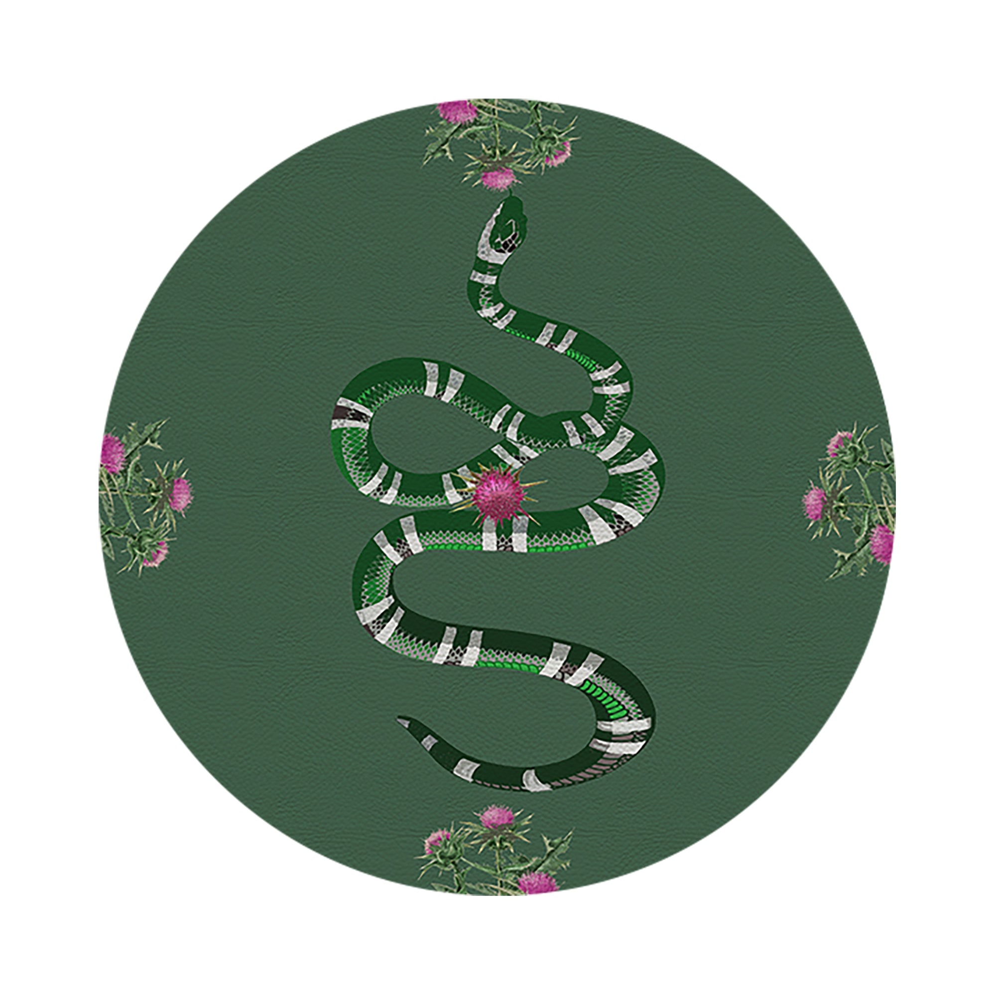Thistle And Snake Evergreen Vegan Leather Round Pebble Placemat - nicolettemayer.com