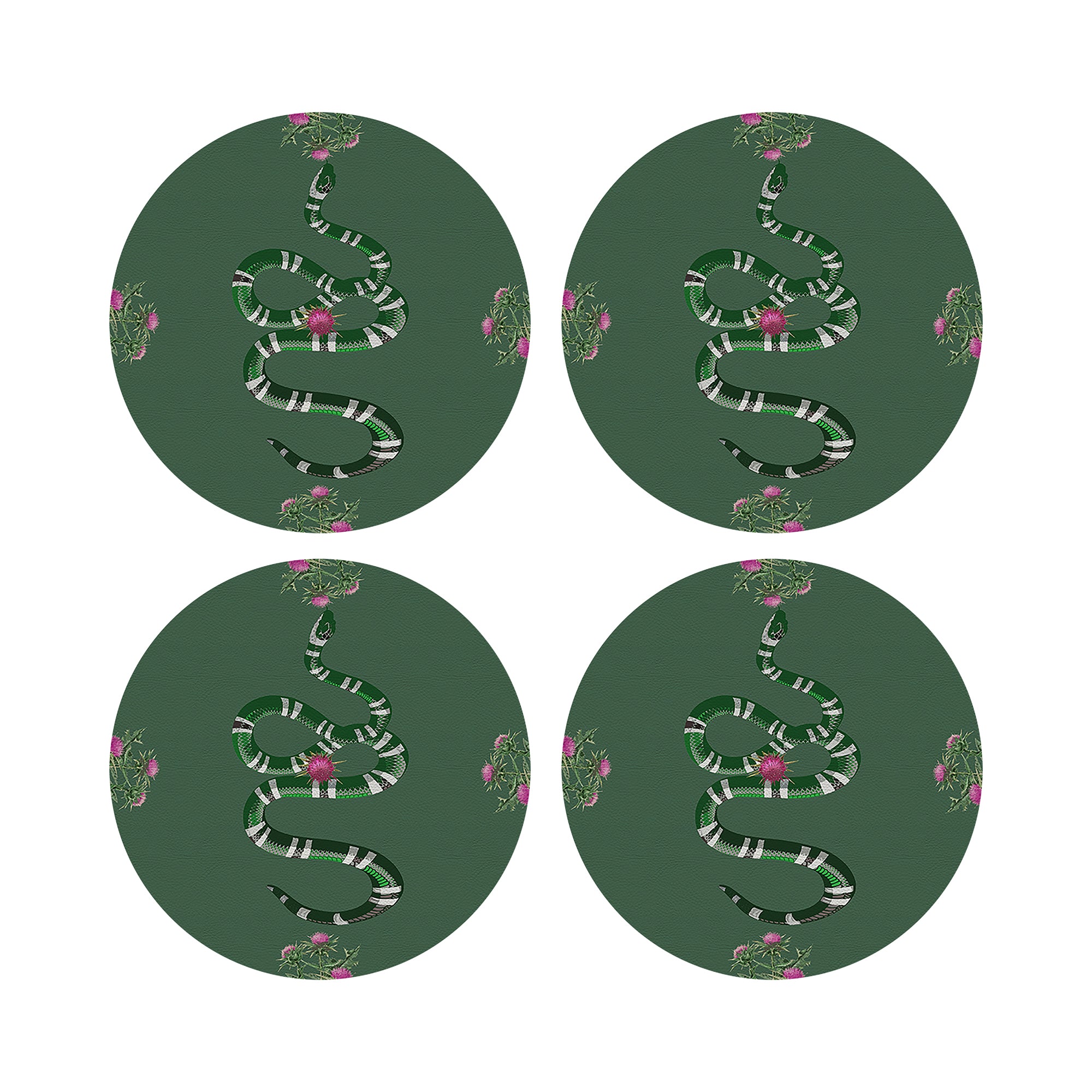 Thistle And Snake Evergreen Vegan Leather Round Pebble Placemat - nicolettemayer.com