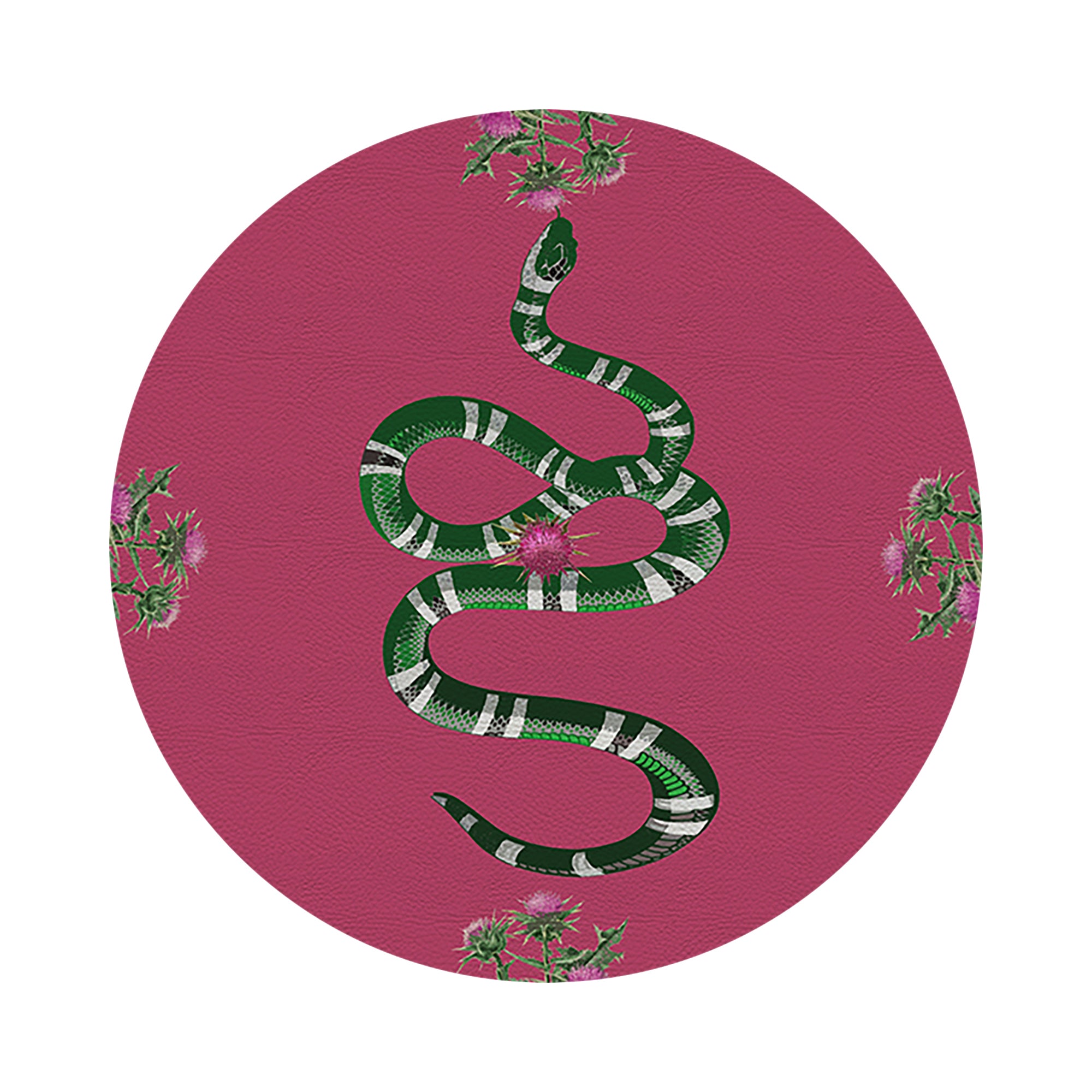 Thistle And Snake Pink Vegan Leather Round Pebble Placemat - nicolettemayer.com