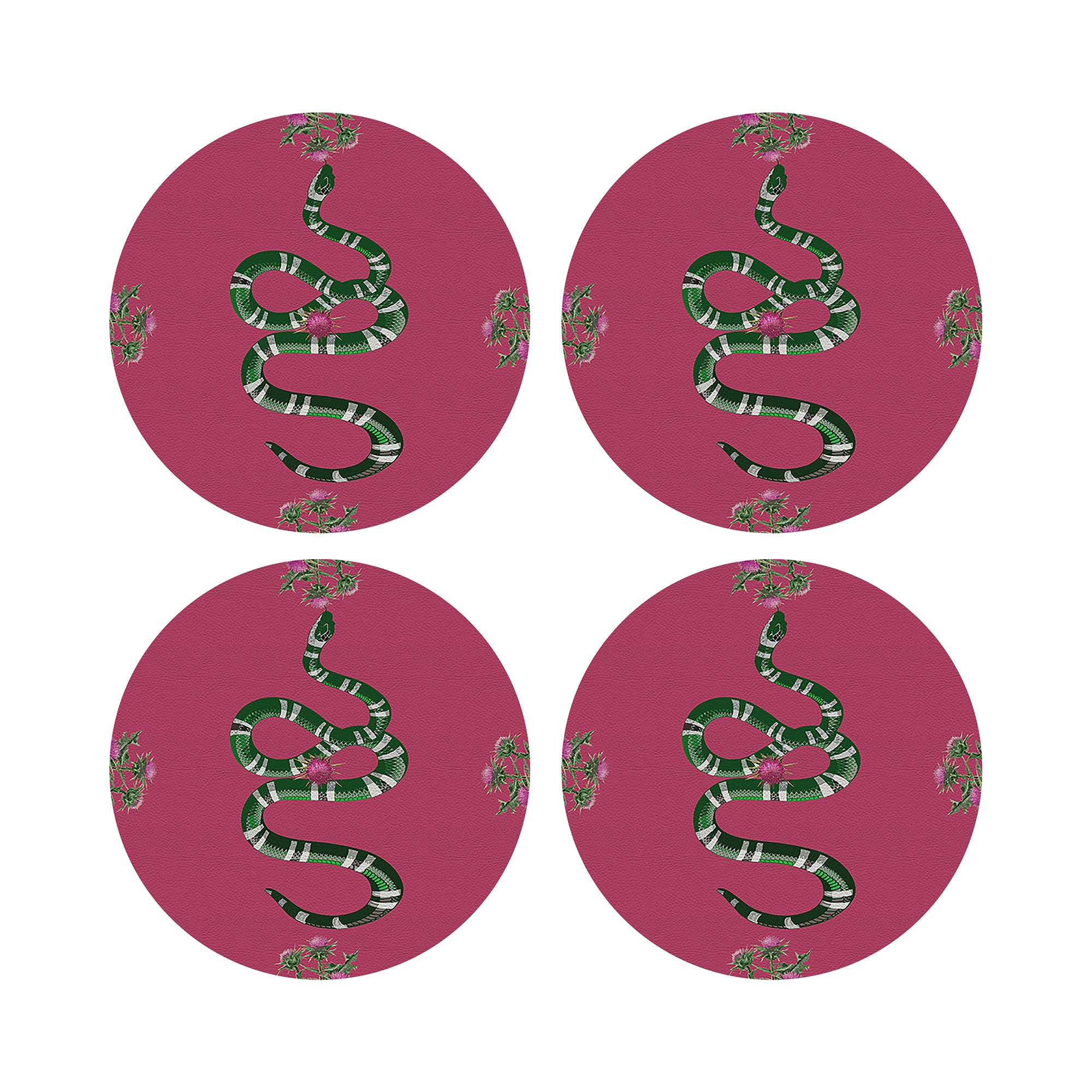 Thistle And Snake Pink Vegan Leather Round Pebble Placemat - nicolettemayer.com