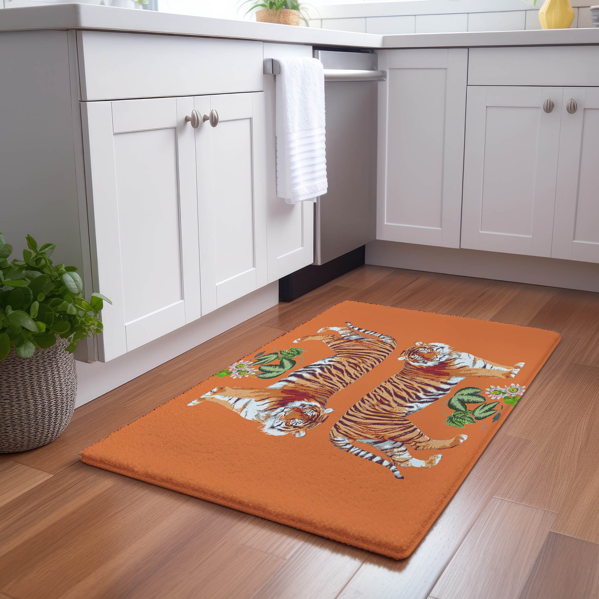 Tiger Seeing Double Orangerie Microfiber Rectangle Washable Rug