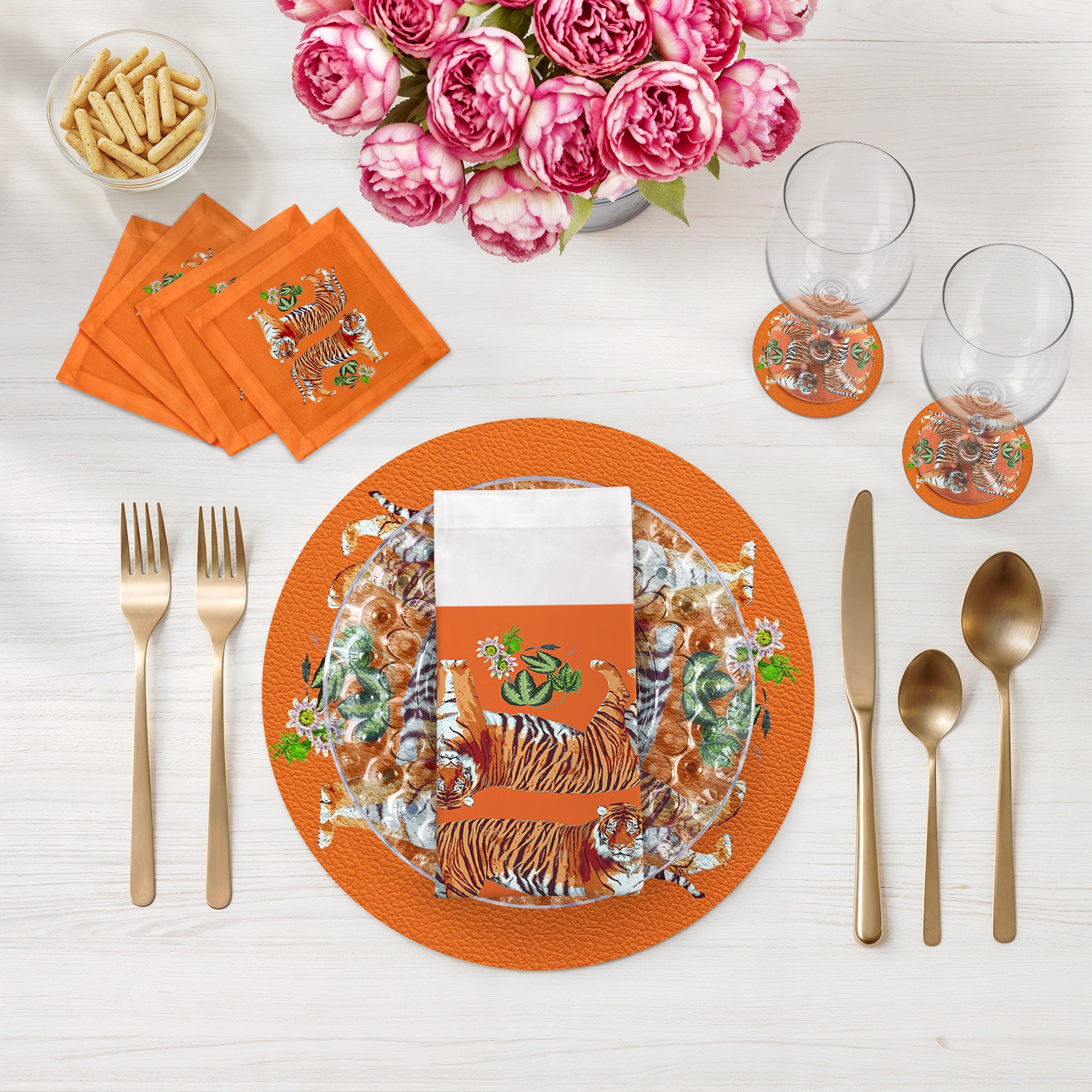 Tiger Seeing Double Orange Vegan Leather Round Coasters