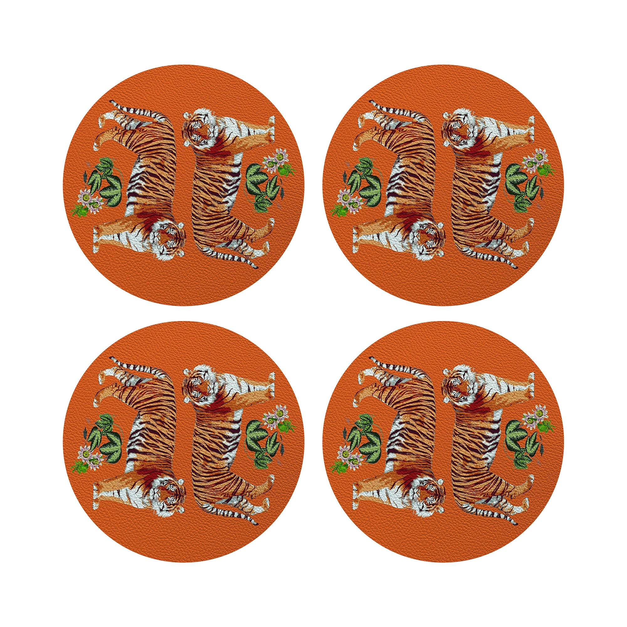 Tiger Seeing Double Orange Vegan Leather Round Pebble Placemat - nicolettemayer.com
