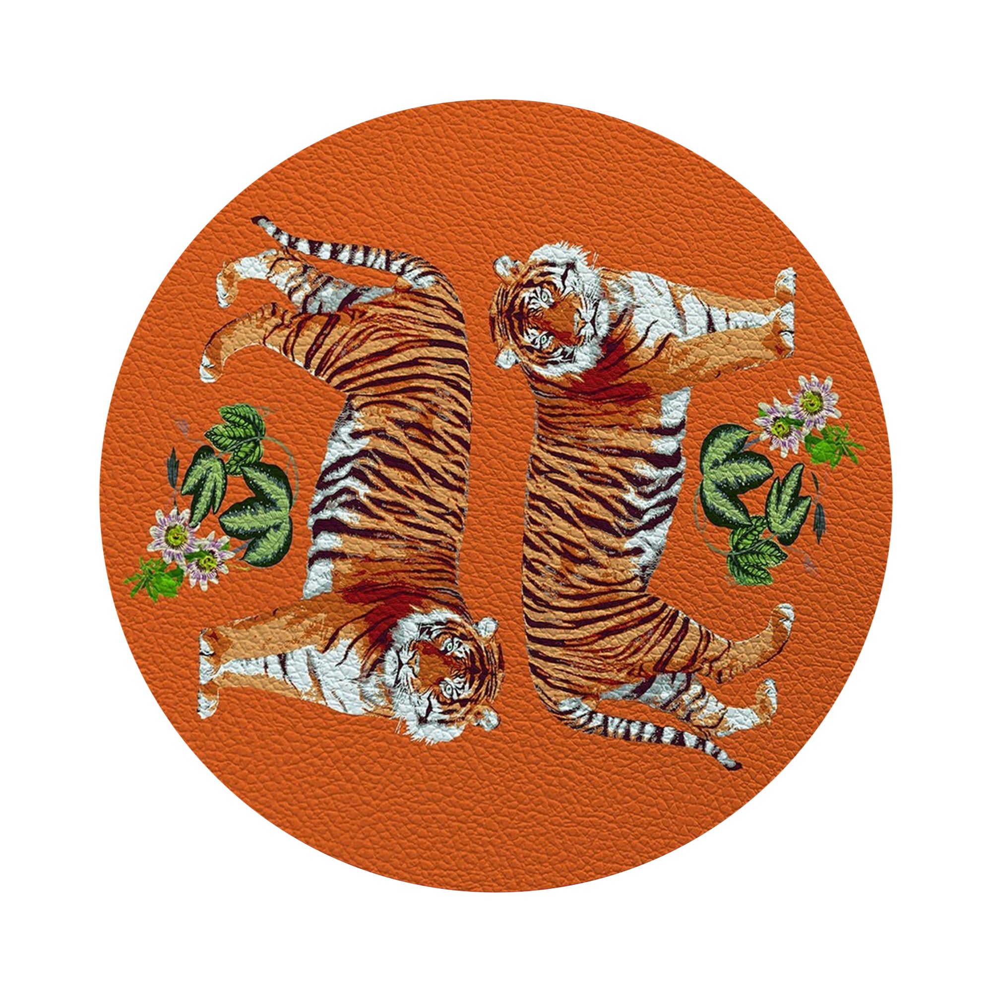 Tiger Seeing Double Orange Vegan Leather Round Coasters