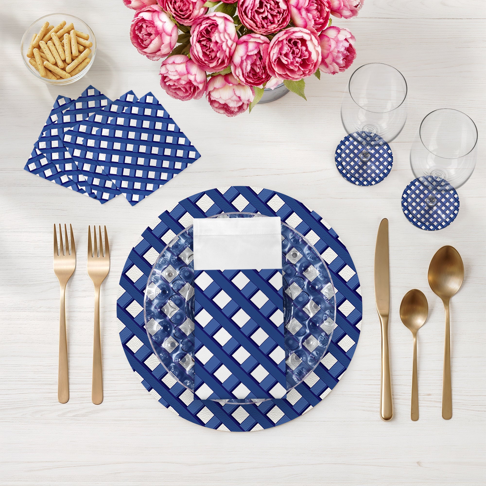 Timothy Corrigan Jardin Francais Blue Vegan Leather Round Pebble Placemat - nicolettemayer.com
