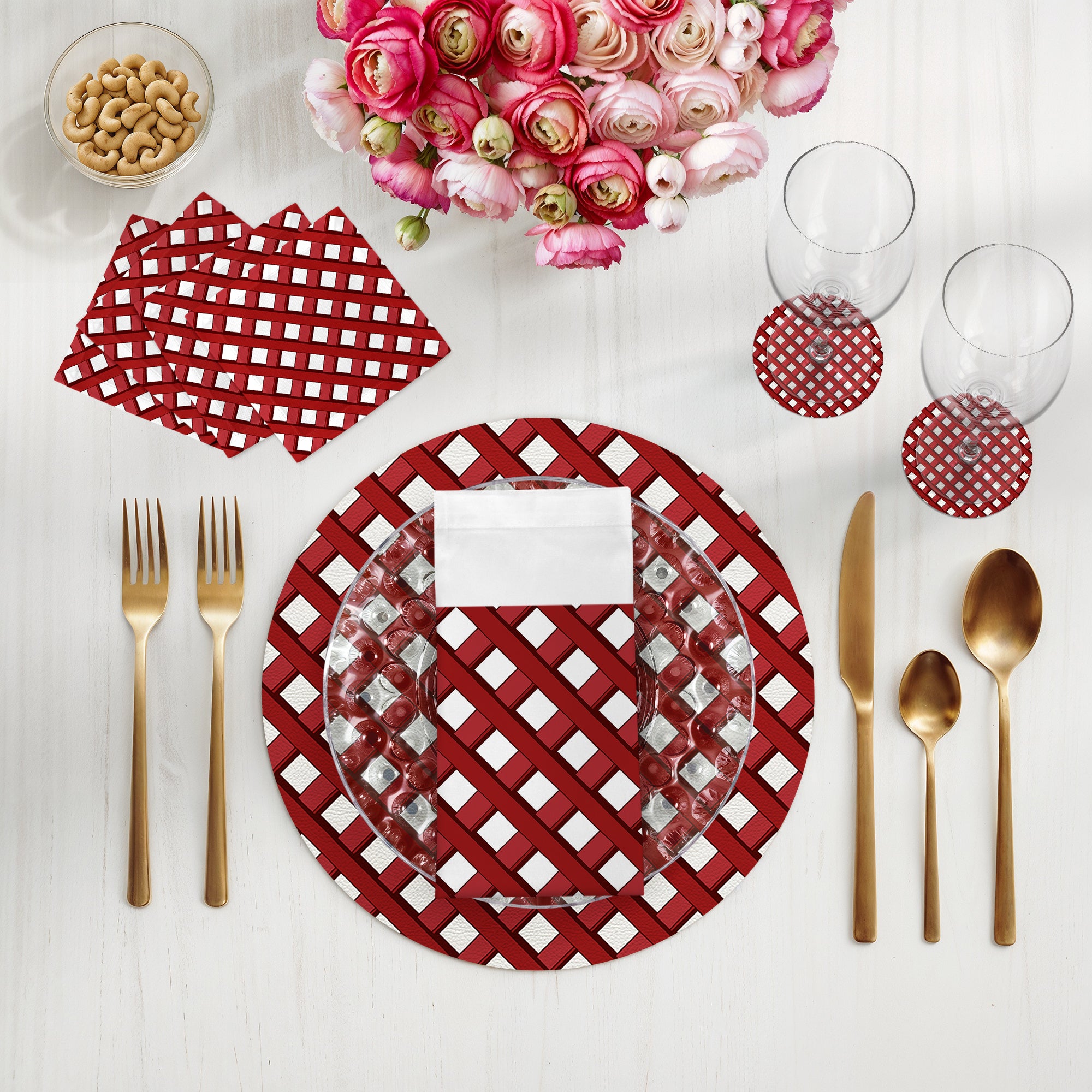 Timothy Corrigan Jardin Francais Red Vegan Leather Round Pebble Placemat - nicolettemayer.com