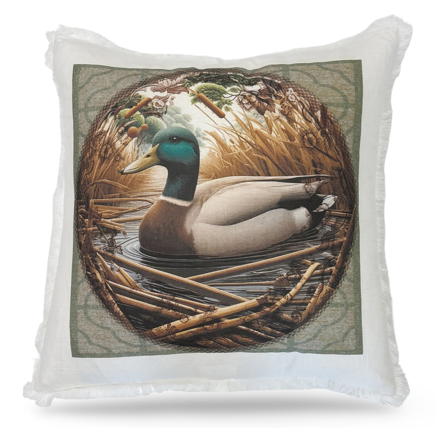 Woodland Mallard Duck 22x22 White Fringe Pillow
