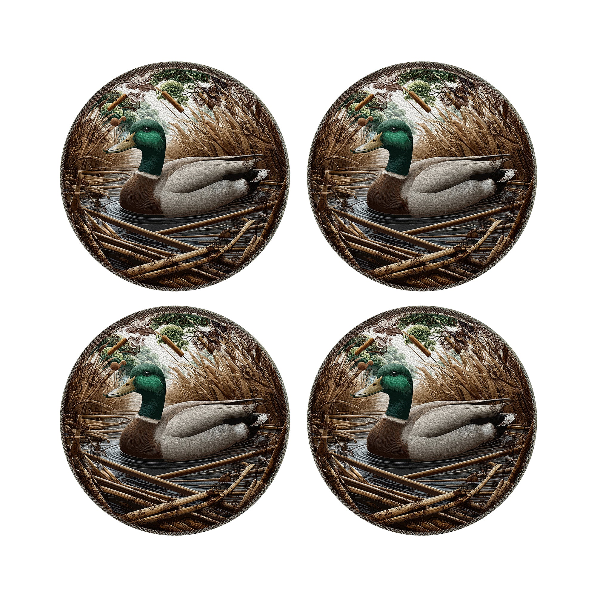 Woodland Mallard Duck Vegan Leather Round Pebble Placemat