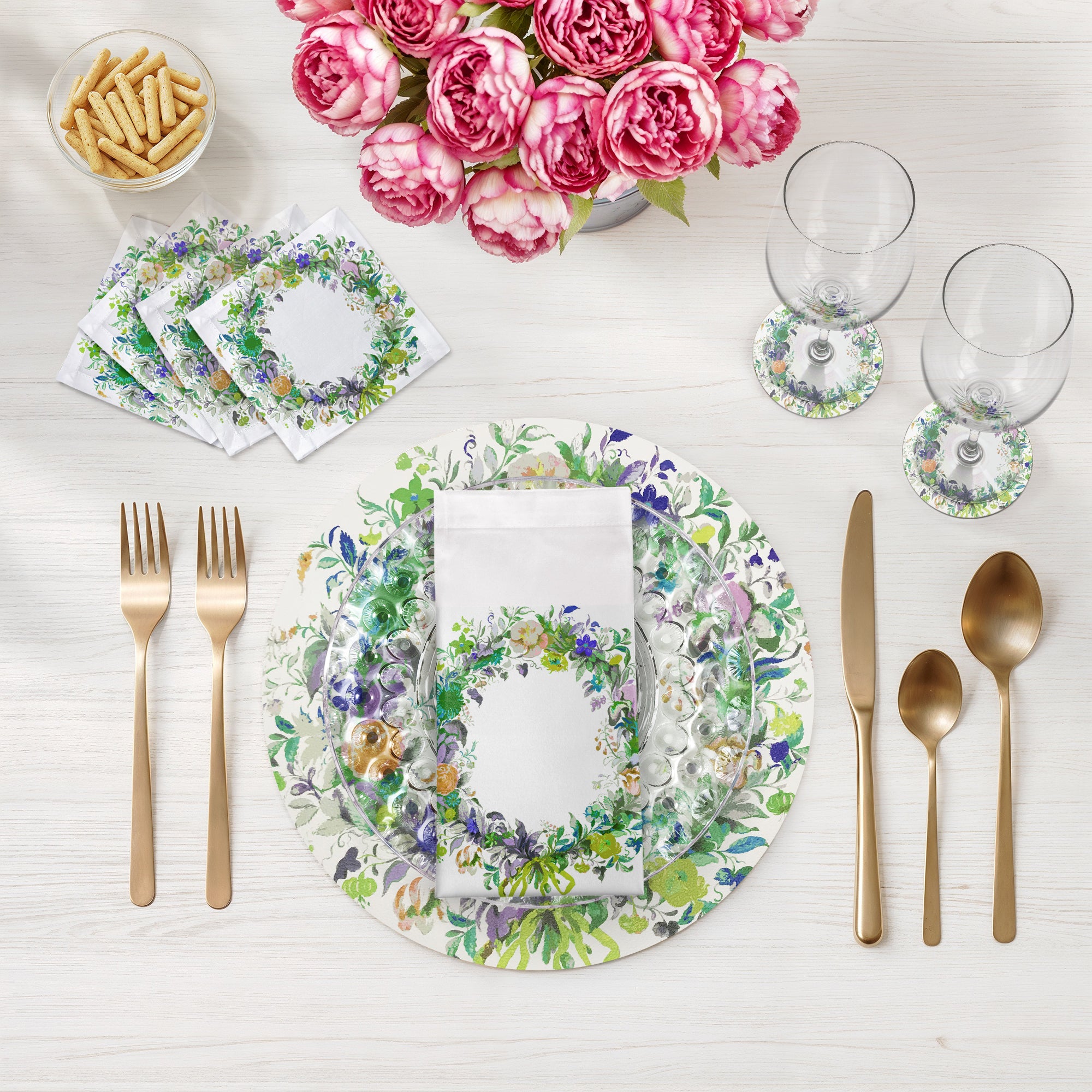 SET DE TABLE RONDS À GALETS, COURONNE DE FLEURS VERTES, LOT DE 4