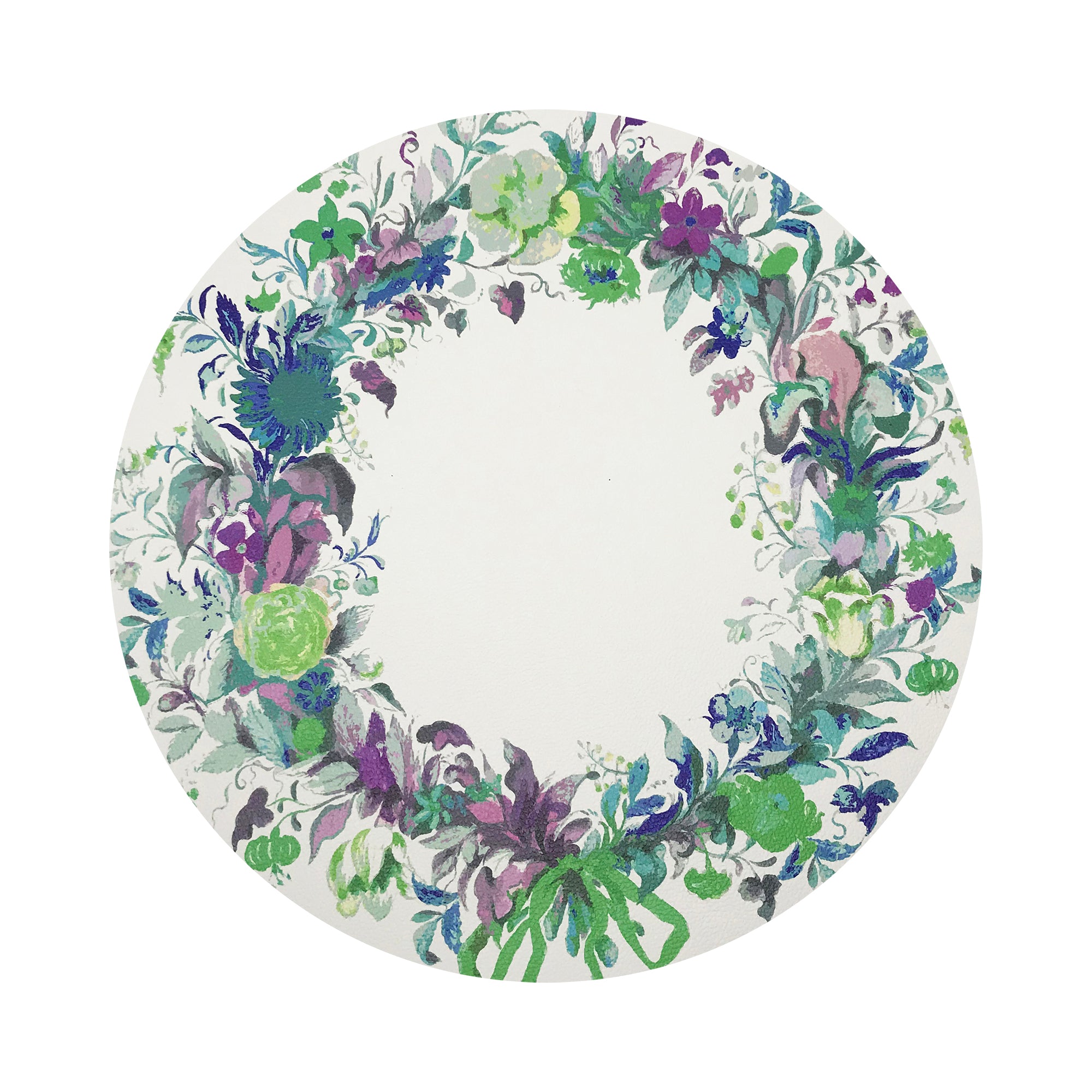Wreath Flowers Blue Vegan Leather Round Pebble Placemat - nicolettemayer.com