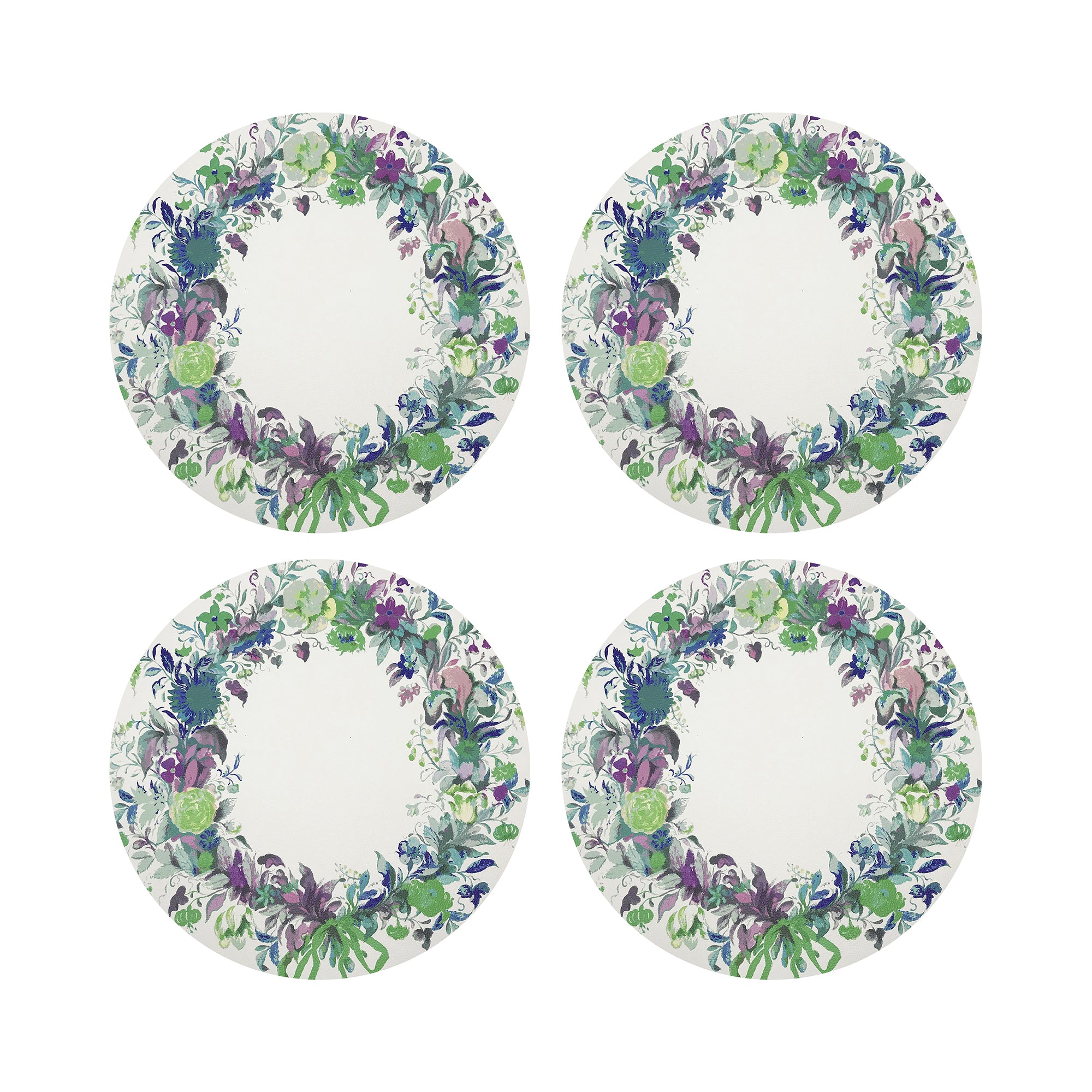 Wreath Flowers Blue Vegan Leather Round Pebble Placemat - nicolettemayer.com