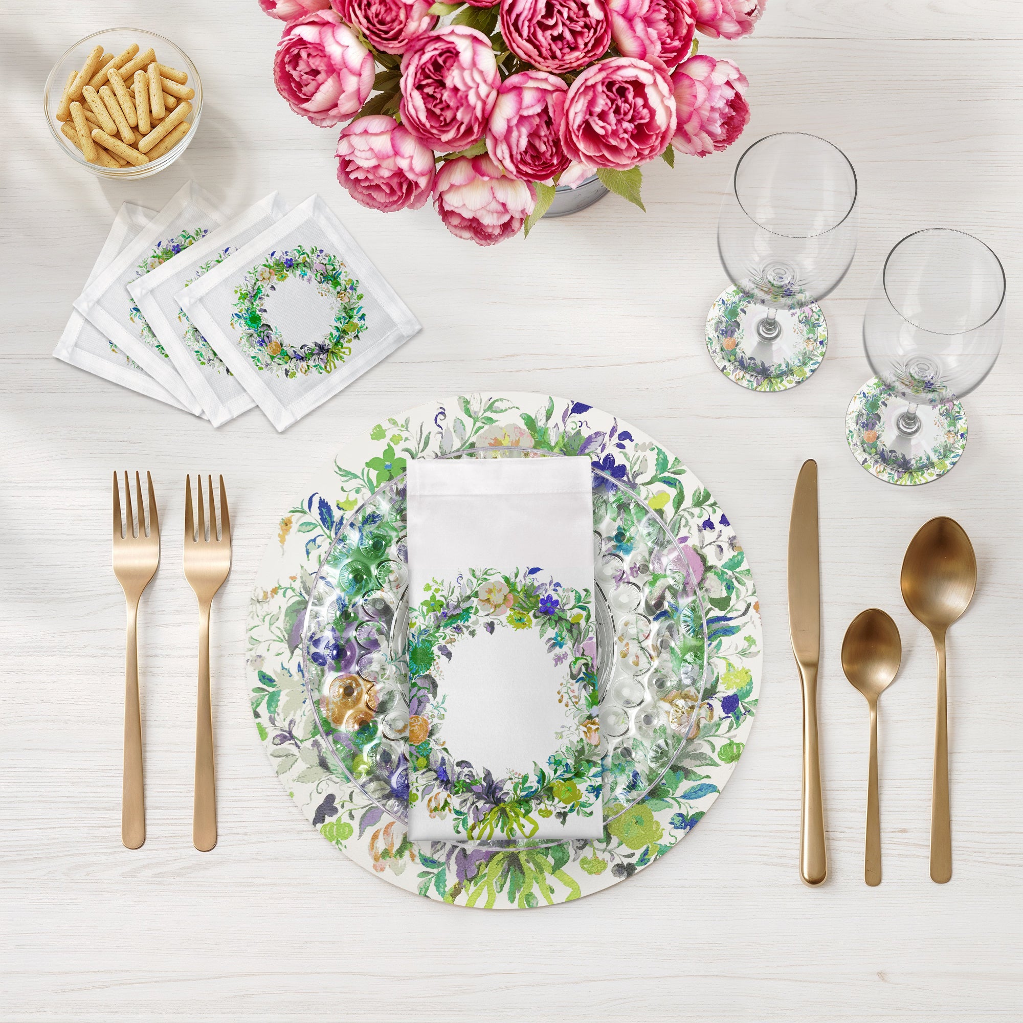 Wreath Flowers Green Cotton Sateen Cocktail Napkins