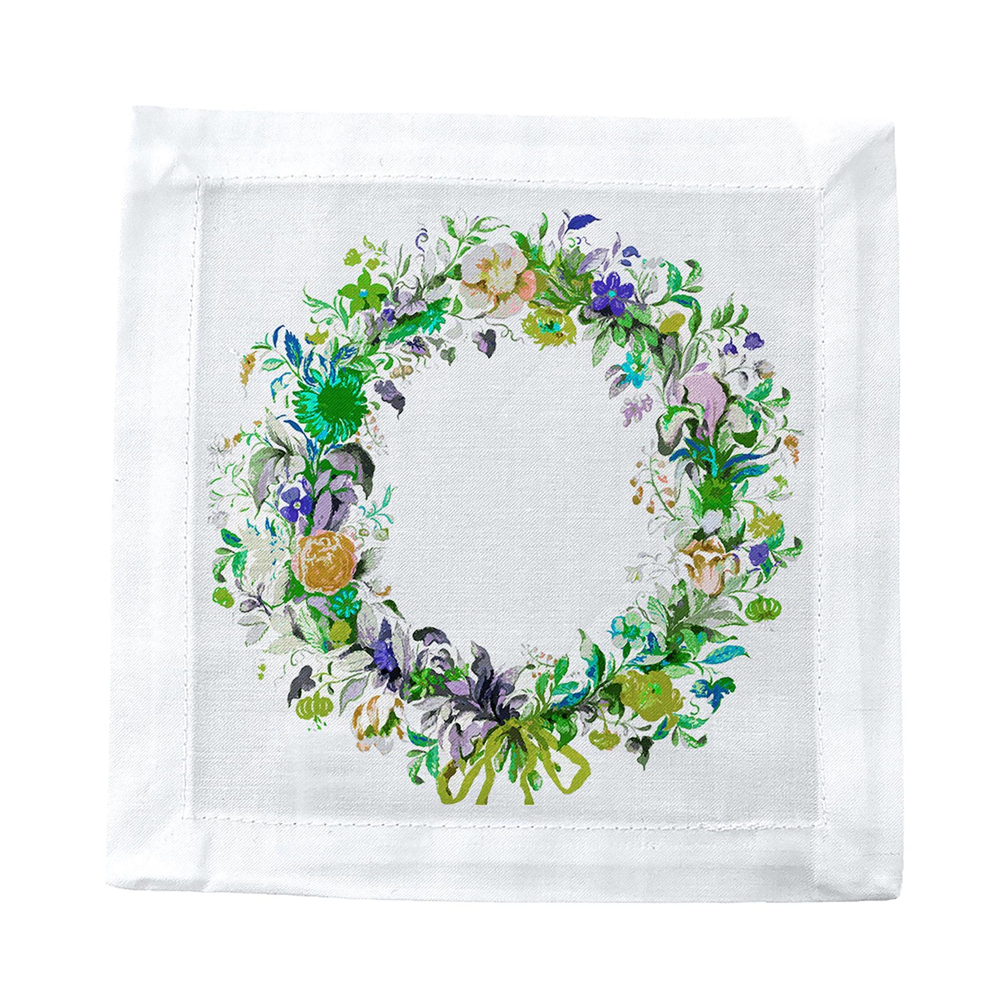 Wreath Flowers Green Cotton Sateen Cocktail Napkins