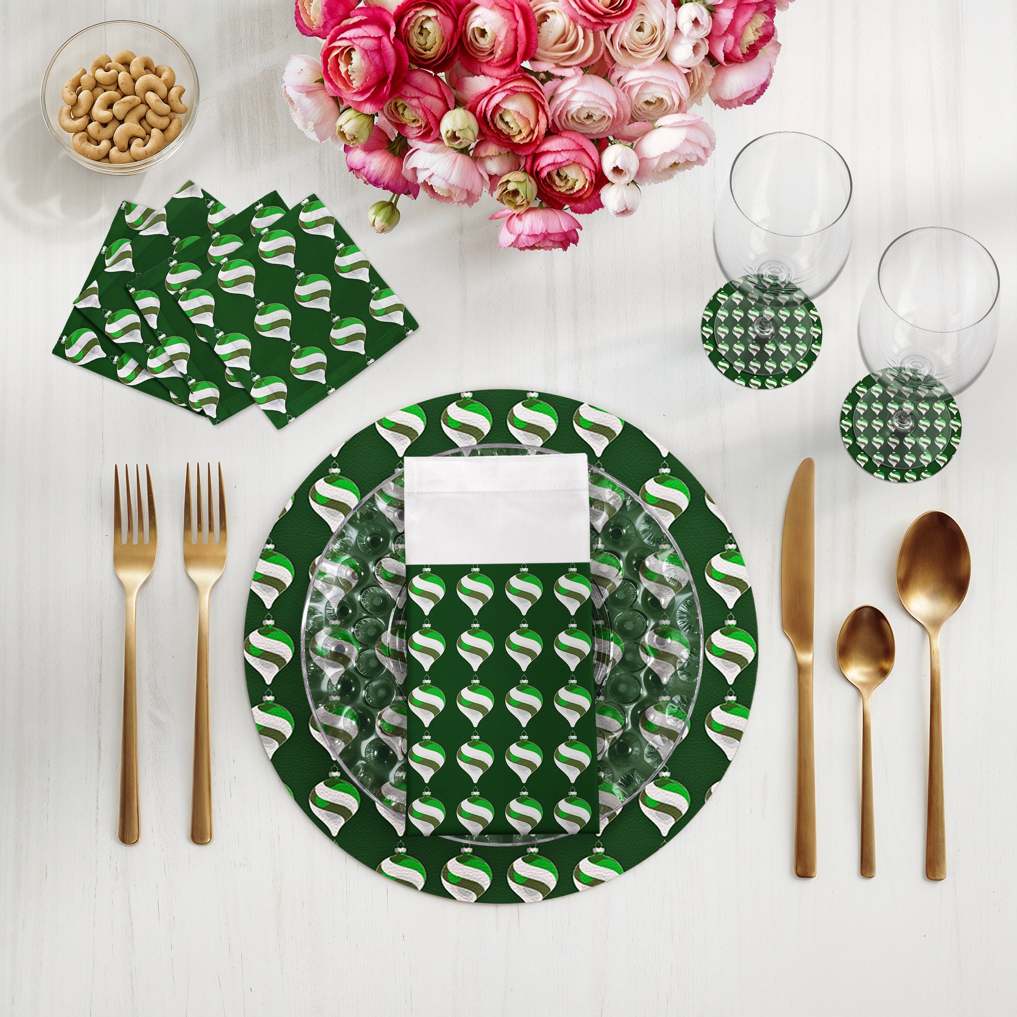 Lot de 4 sets de table ronds en galets, motif ornement de Noël vert, 40 cm