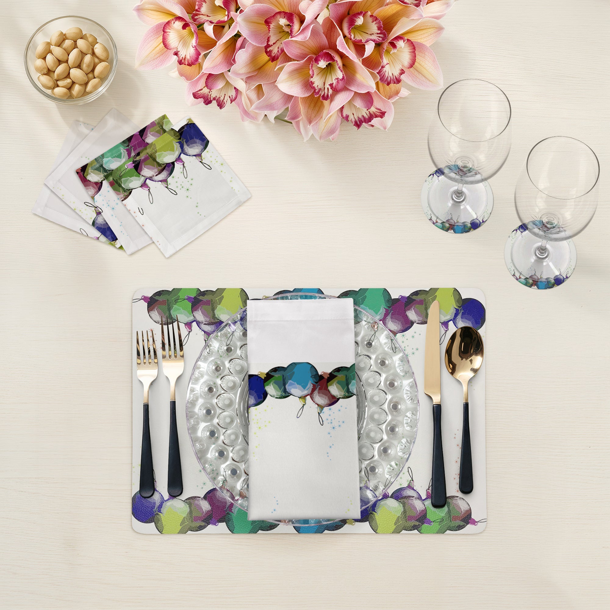 SET DE TABLE RECTANGULAIRE GALETS BLANC ORNEMENTS DE NOËL, LOT DE 4
