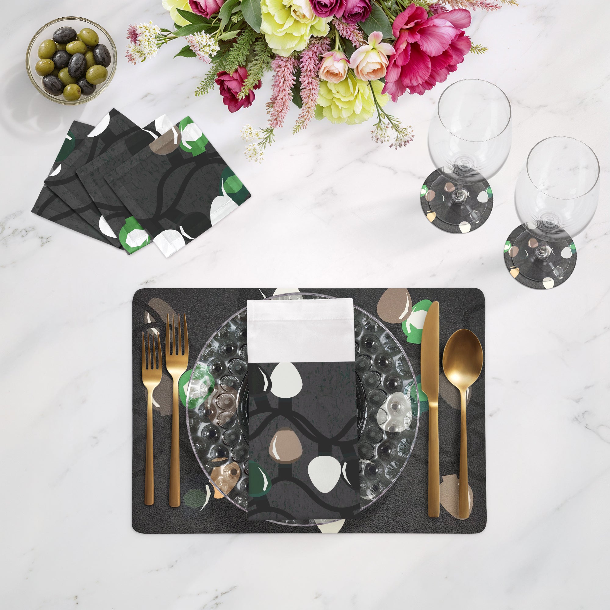 SET DE TABLE RECTANGLE GALETS DE NOËL DEEP GREENS 17,5, LOT DE 4