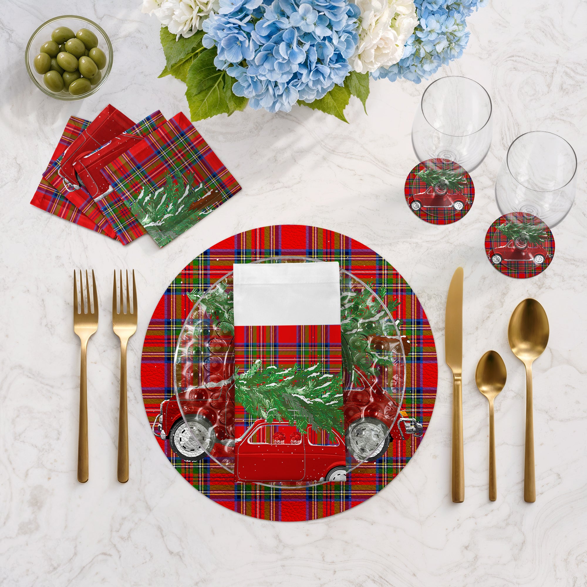 Xmas Tree Plaid Vegan Leather Round Coasters