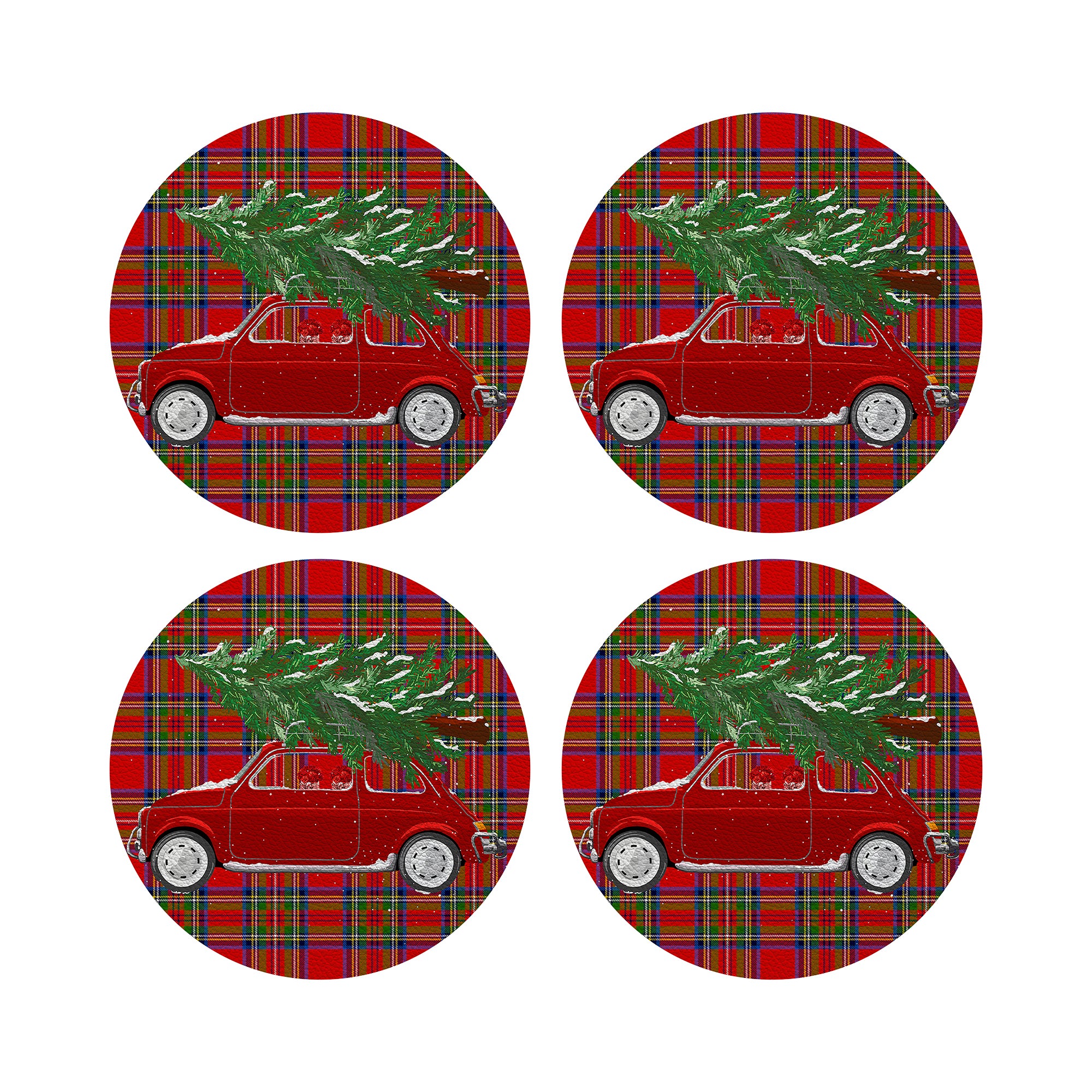 Xmas Tree Plaid Vegan Leather Round Pebble Placemat