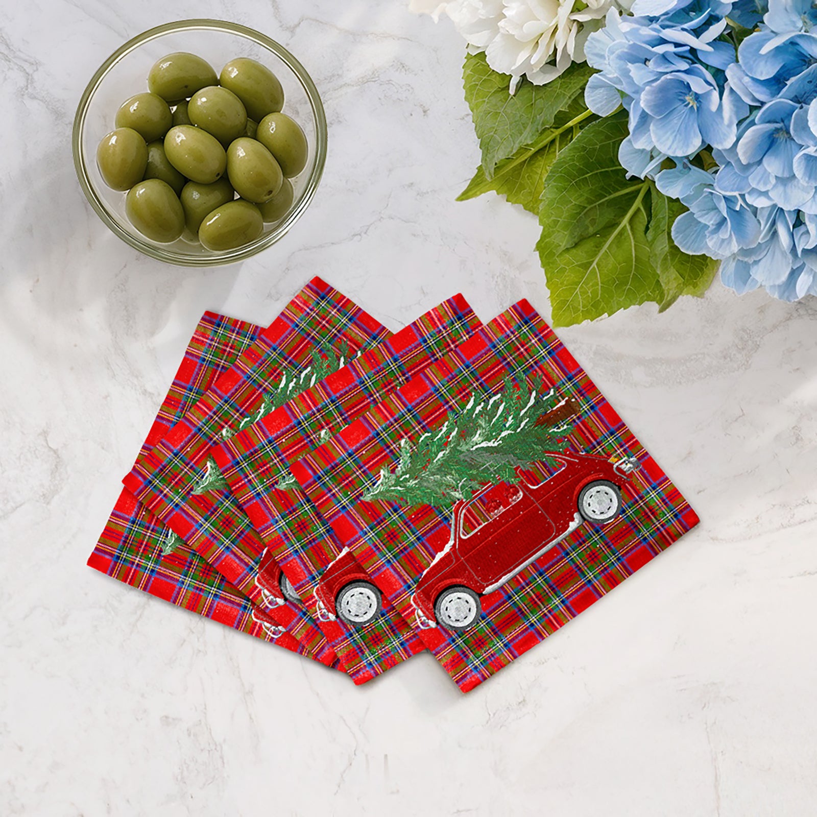 Xmas Tree Plaid Cotton Sateen Cocktail Napkins